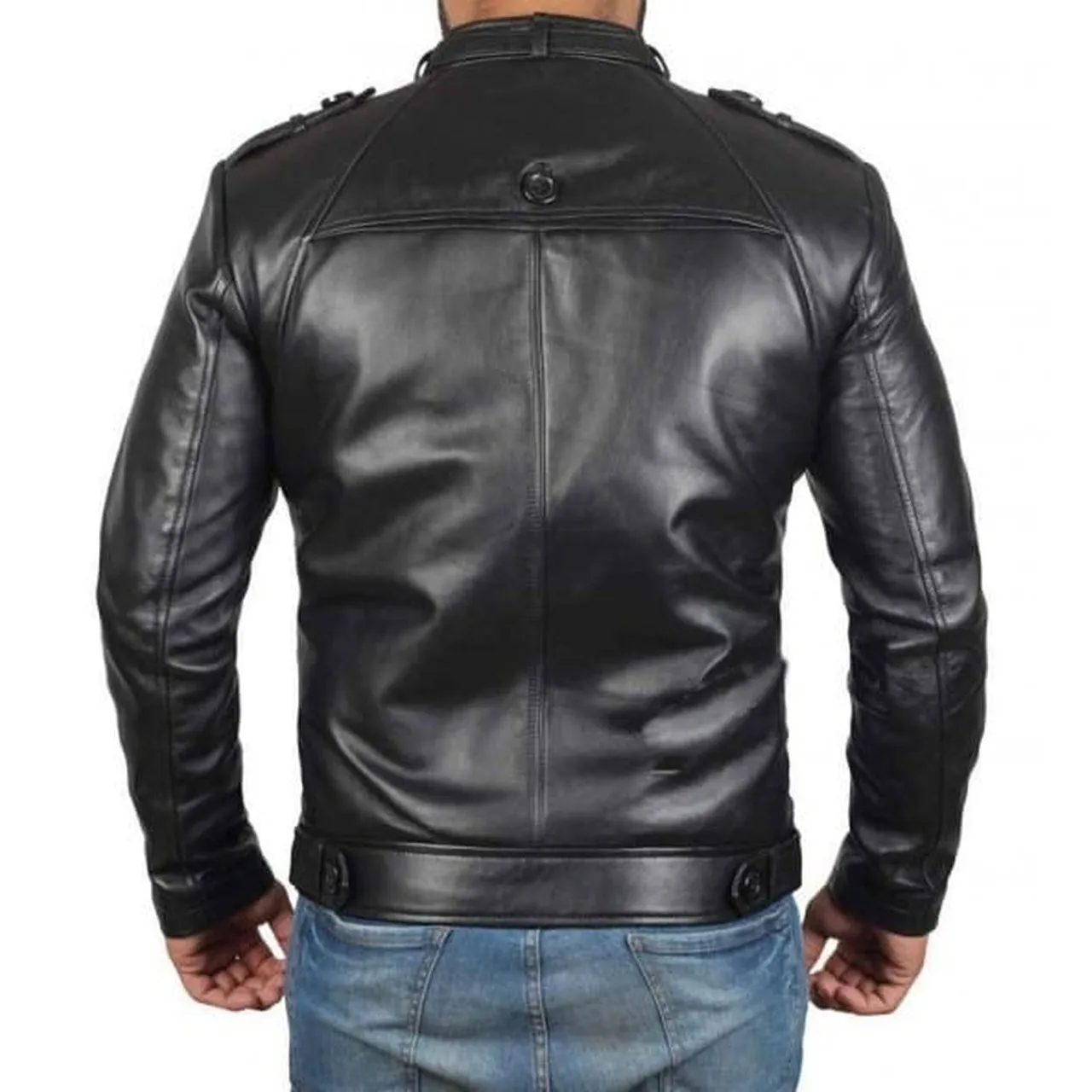 Button Pocket Black Belted Collar Leather Biker Jacket