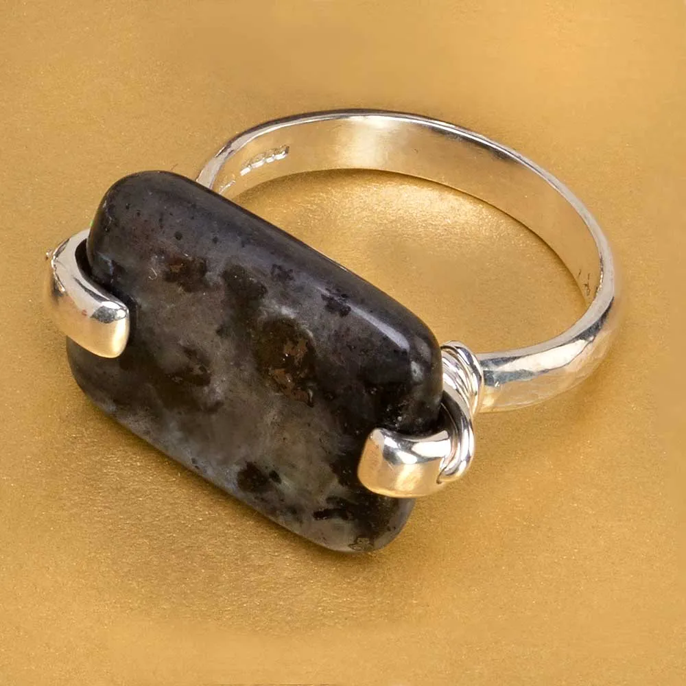 CAMILLA WEST JEWELLERY Black Larvikite Silver Coil Ring