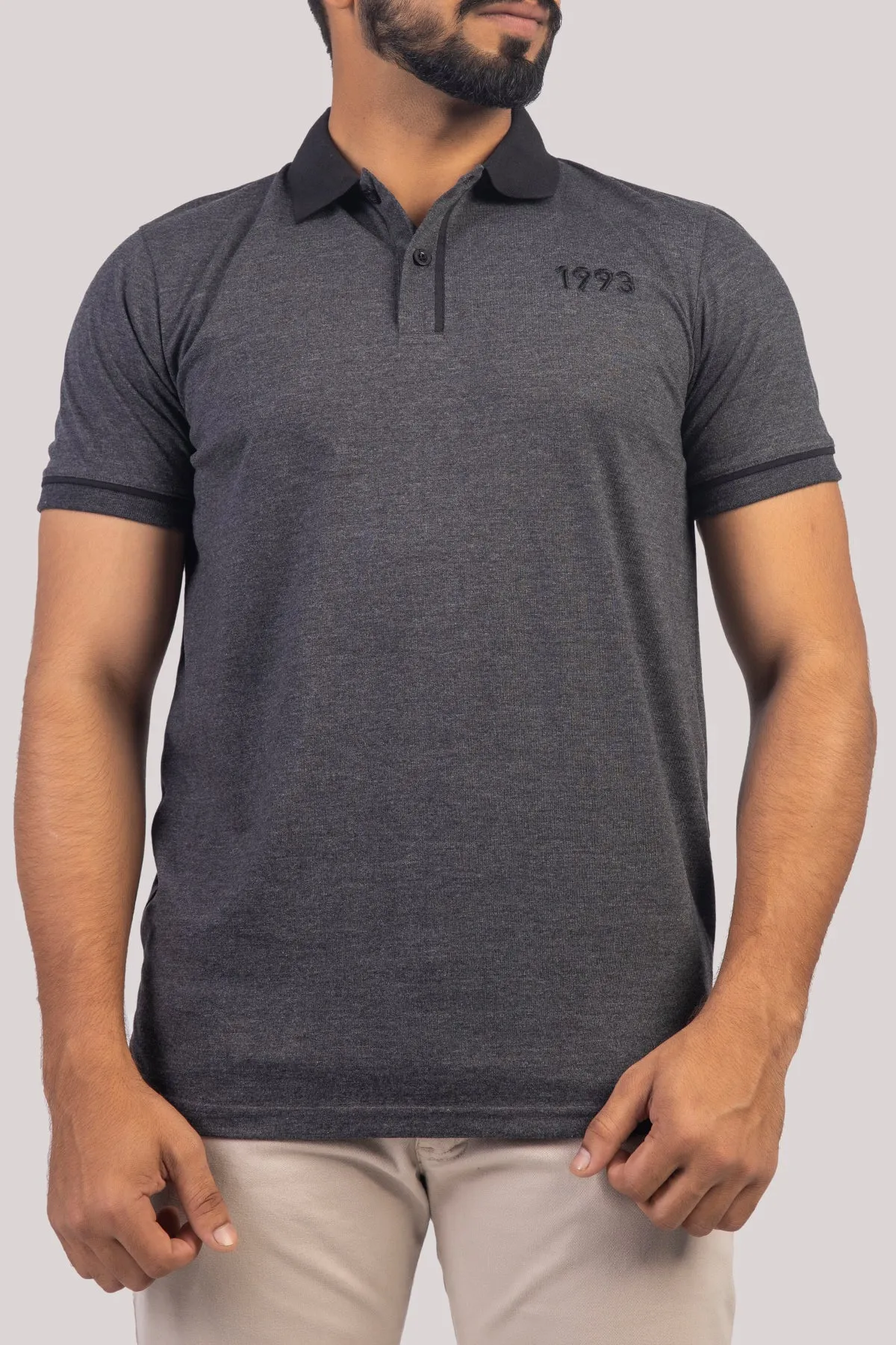 Charcoal Melange Contrast Embroidered Polo Shirt - A23 - MP0210R