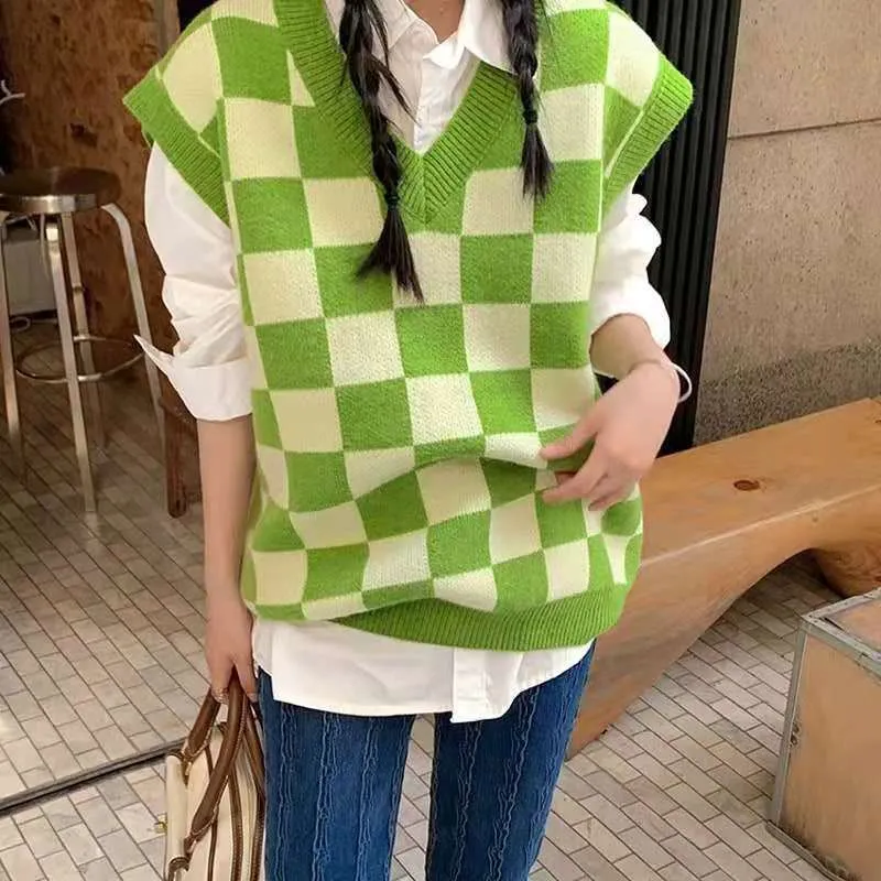 Checkerboard Knitted Sweater Green