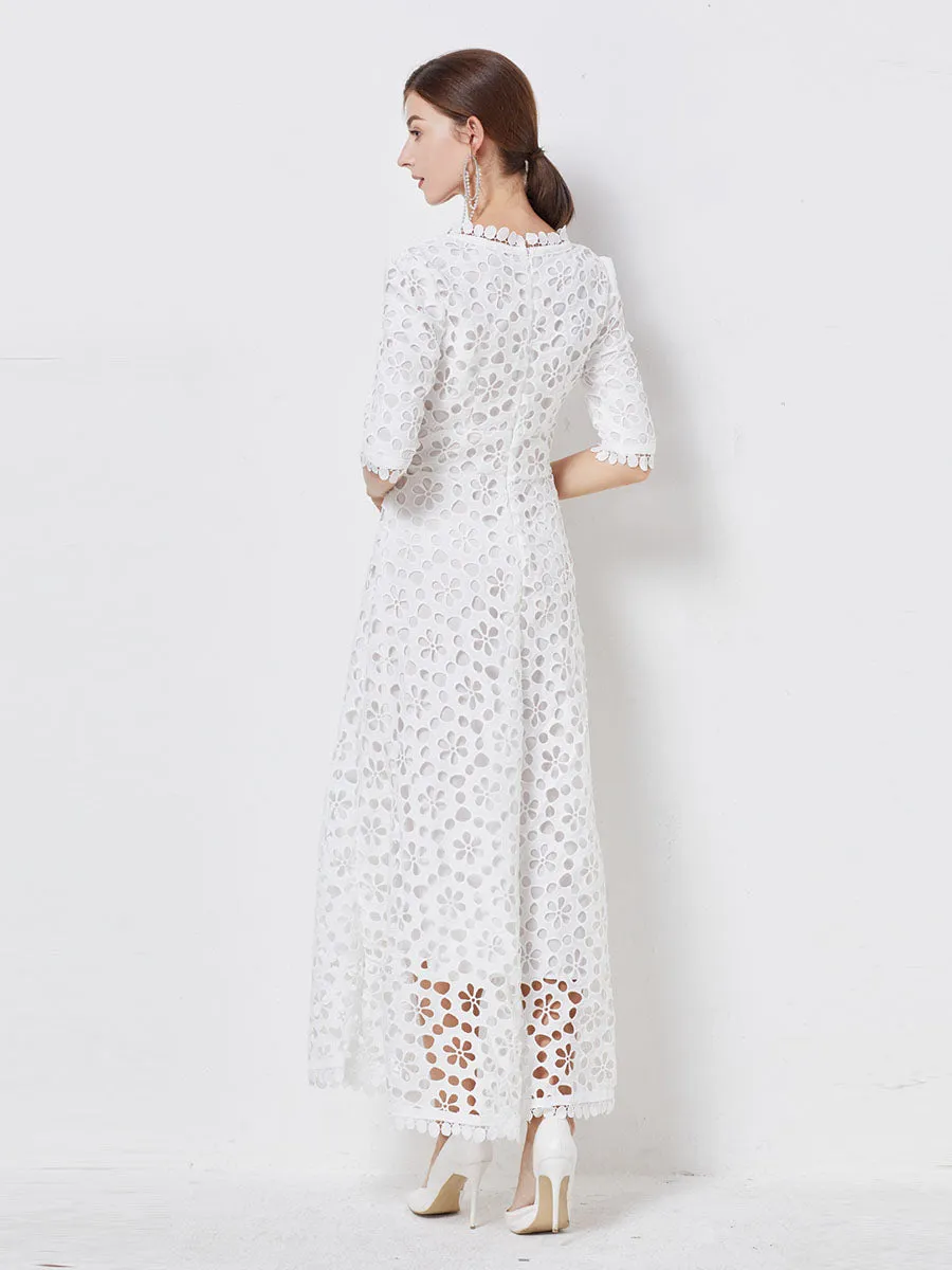 Chiffon Solid White V Neck Cut Out Half Sleeves Boho Dress