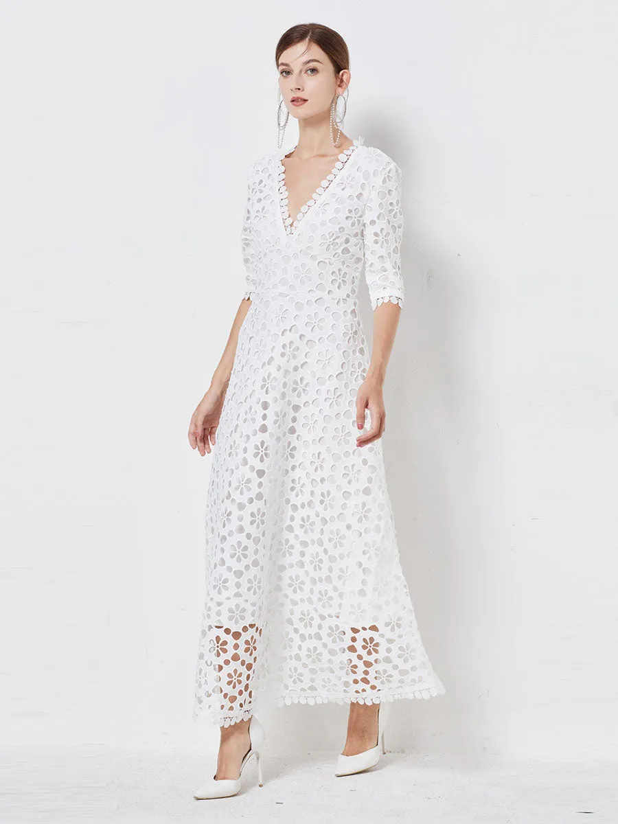 Chiffon Solid White V Neck Cut Out Half Sleeves Boho Dress