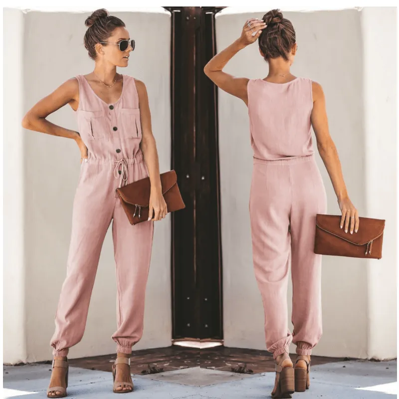 Chiffon V Neck Solid Color Sleeveless Pockets Jumpsuit