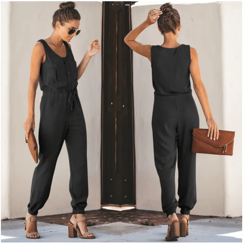 Chiffon V Neck Solid Color Sleeveless Pockets Jumpsuit