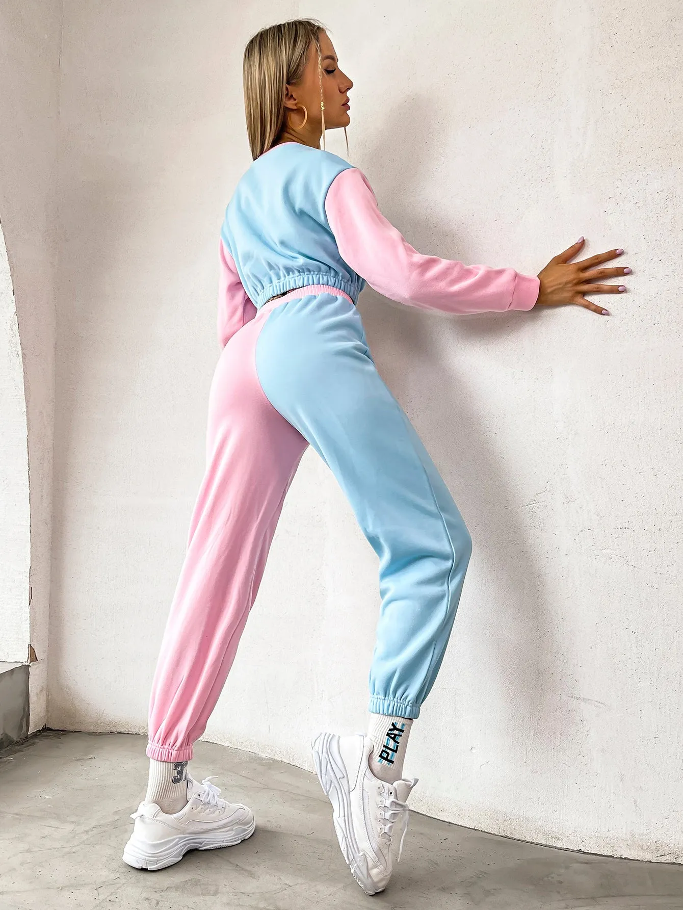 Colorblock Drawstring High Waist Cropped Women Sweatpants