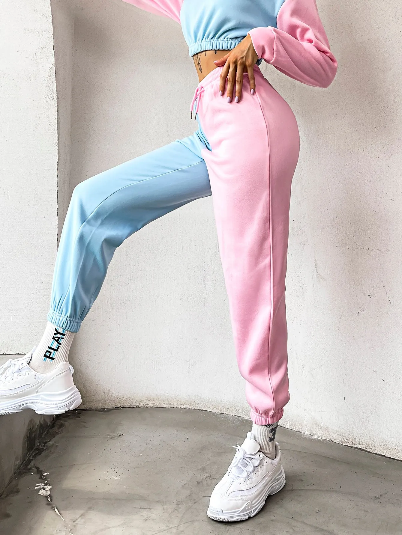 Colorblock Drawstring High Waist Cropped Women Sweatpants