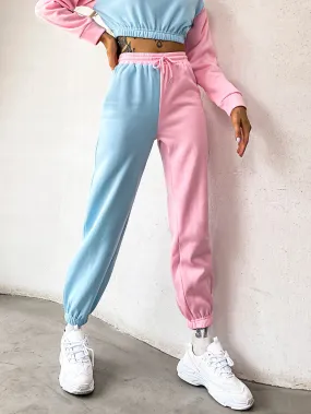 Colorblock Drawstring High Waist Cropped Women Sweatpants