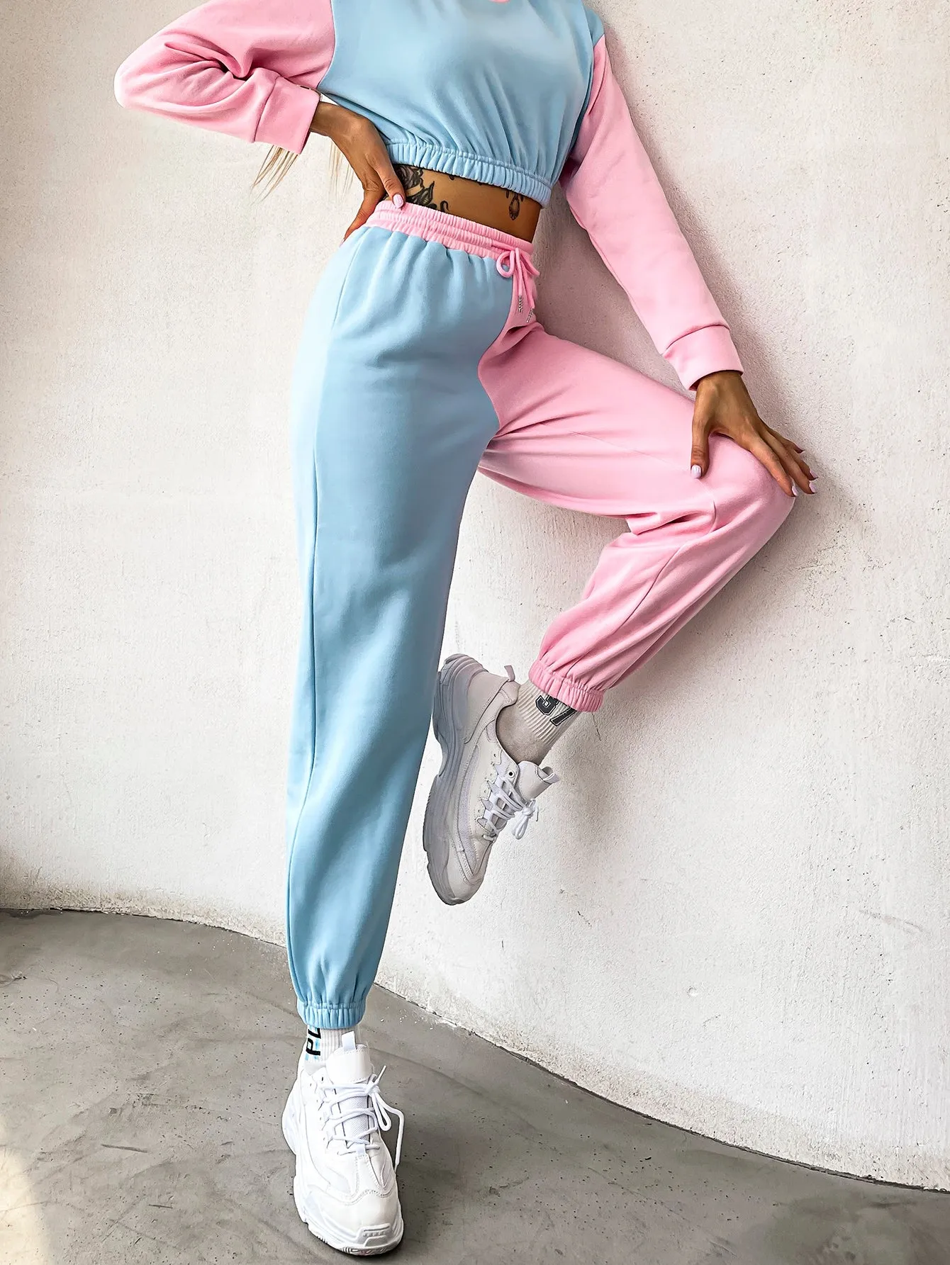 Colorblock Drawstring High Waist Cropped Women Sweatpants