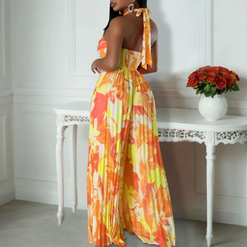 Colorful Women's Sexy Backless Wide Leg Jumpsuit in Floral Print