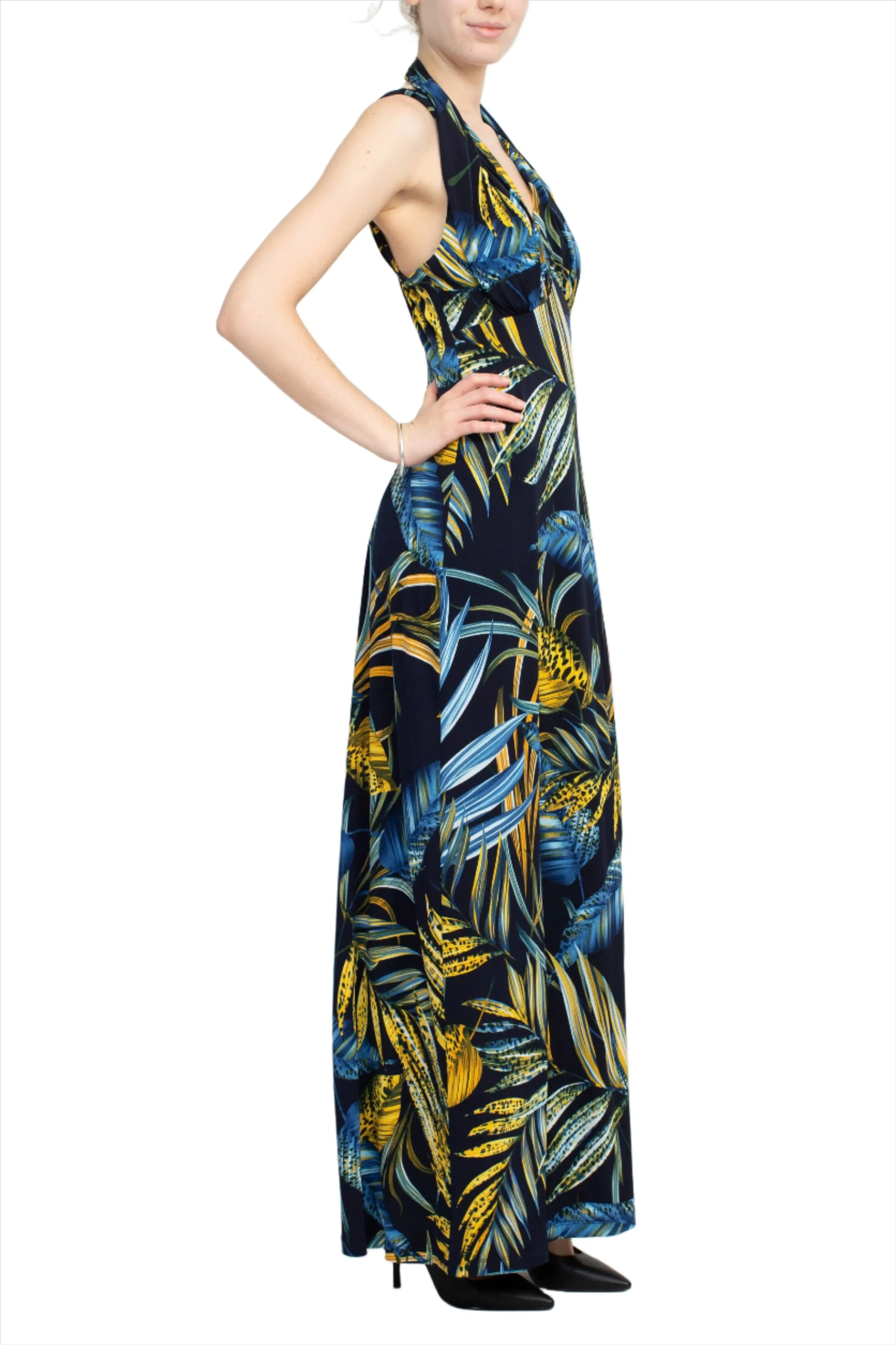 Connected Apparel V-Neck Crossed Shoulder Empire Waist Multi Print Jersey Maxi Dress