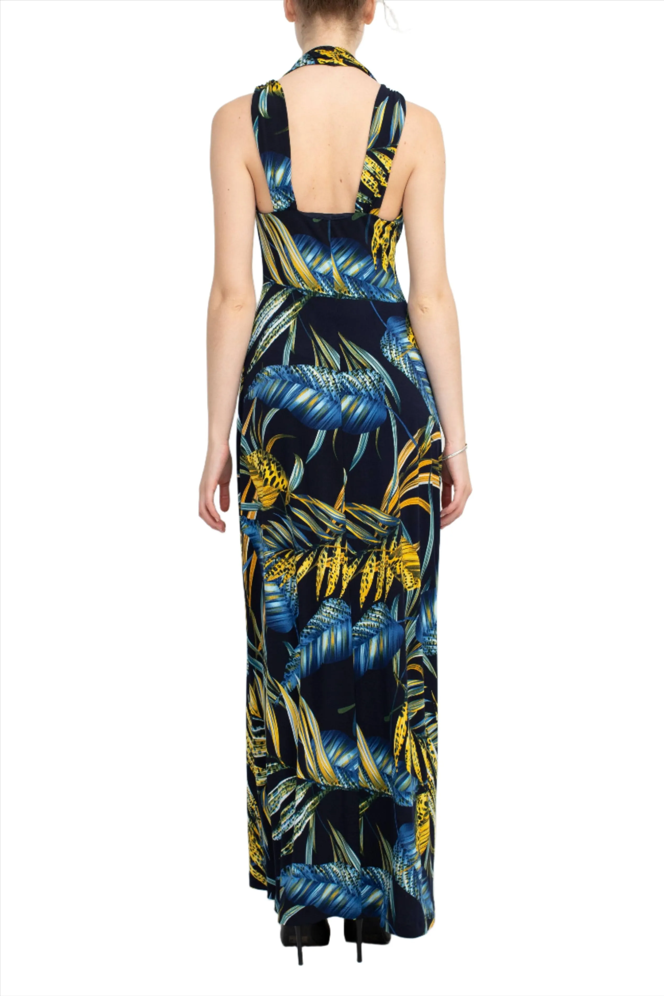 Connected Apparel V-Neck Crossed Shoulder Empire Waist Multi Print Jersey Maxi Dress