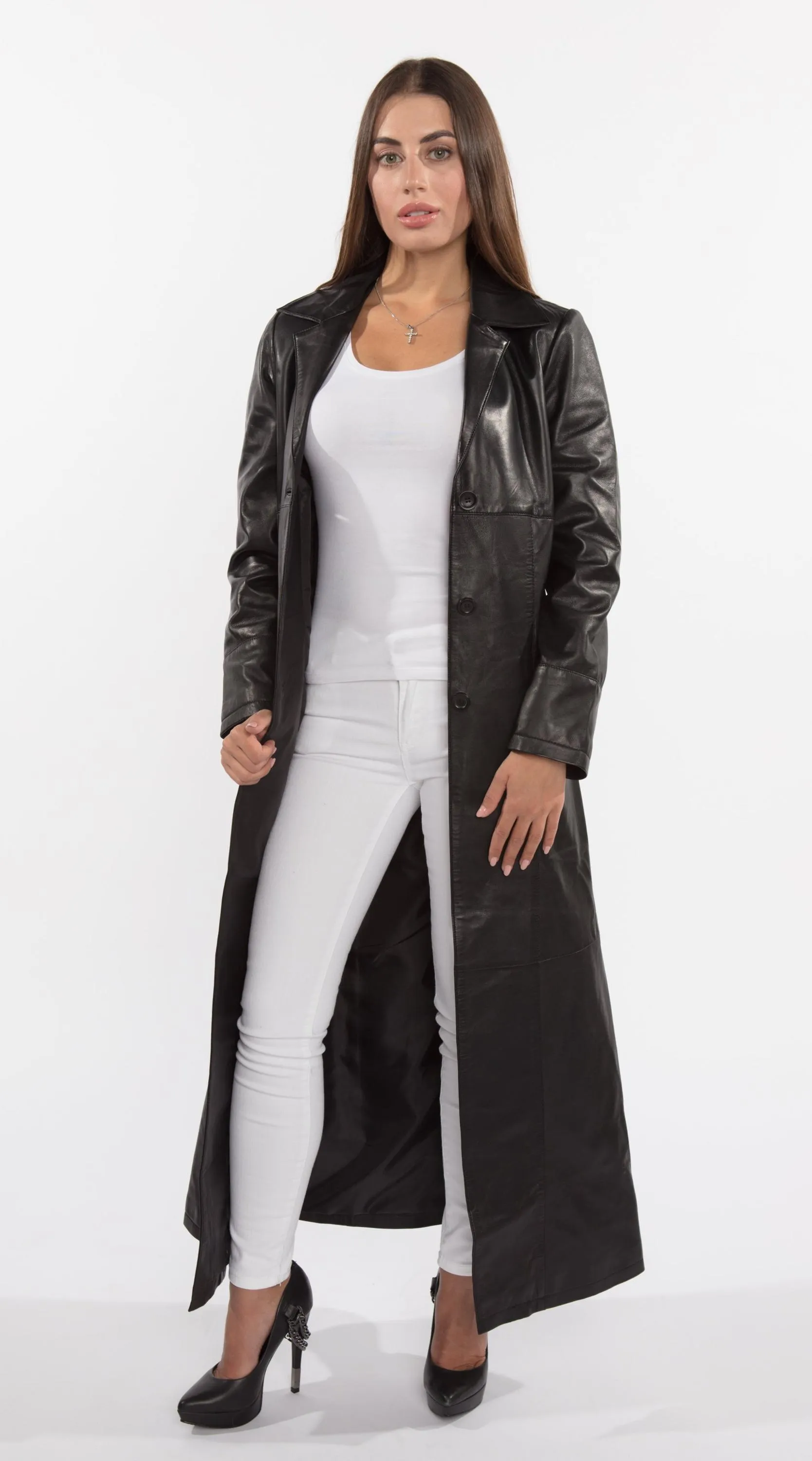 Copy of Ladies 3 Button Matrix Black Full Length Leather Coat