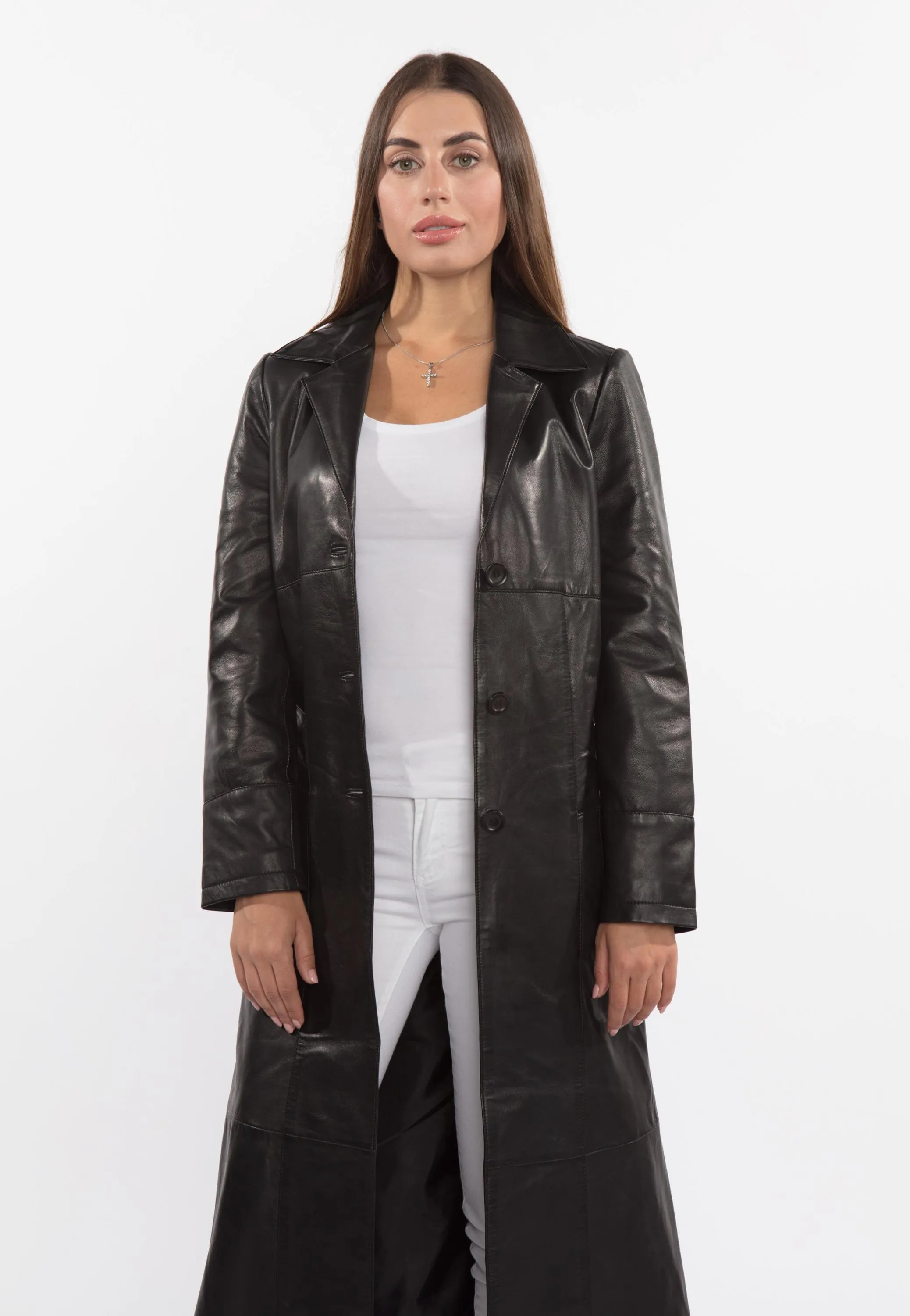 Copy of Ladies 3 Button Matrix Black Full Length Leather Coat