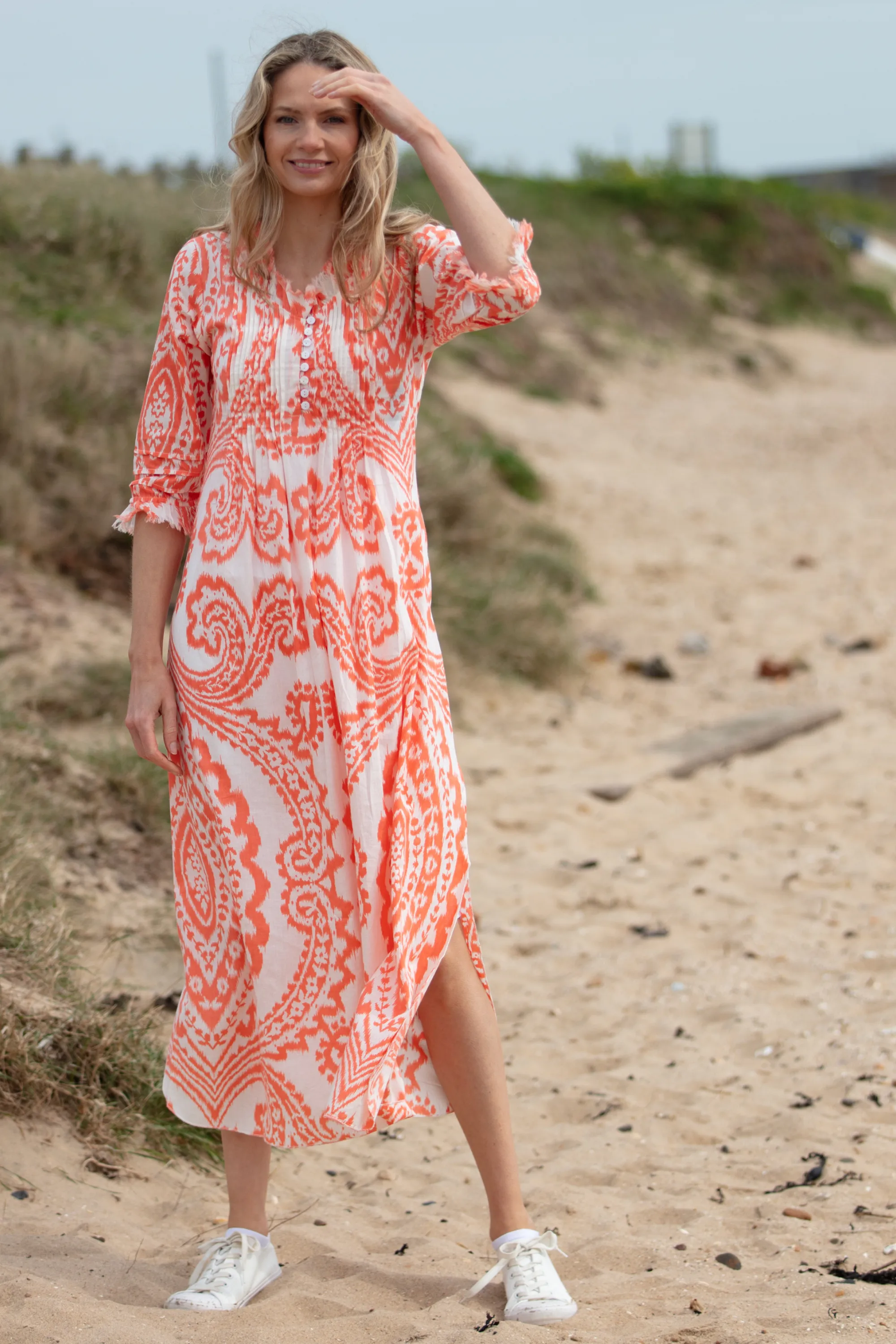 Cotton Annabel Maxi Dress in Orange & White Ikat