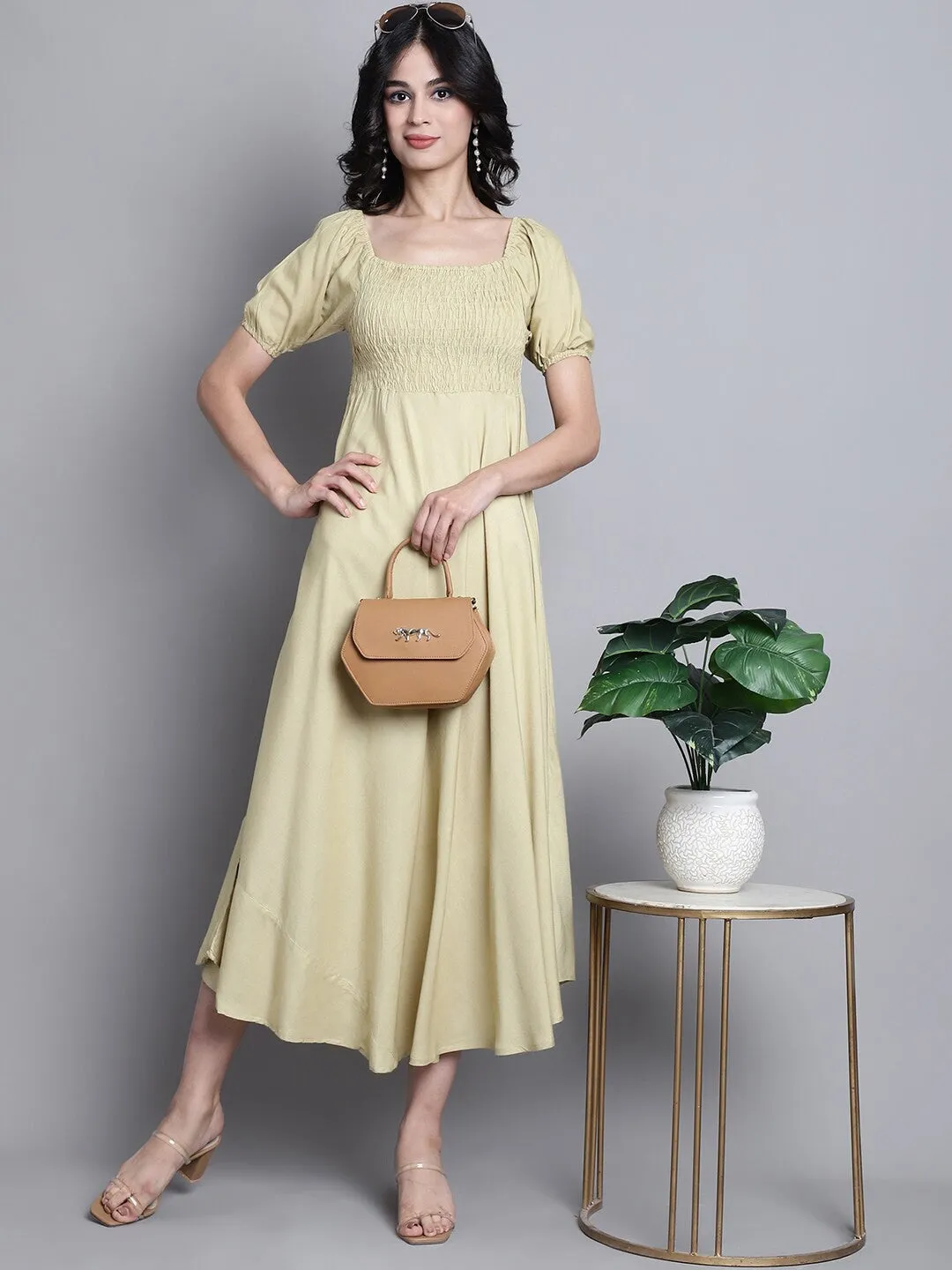 Cream Solid Square Neck Maxi Dress