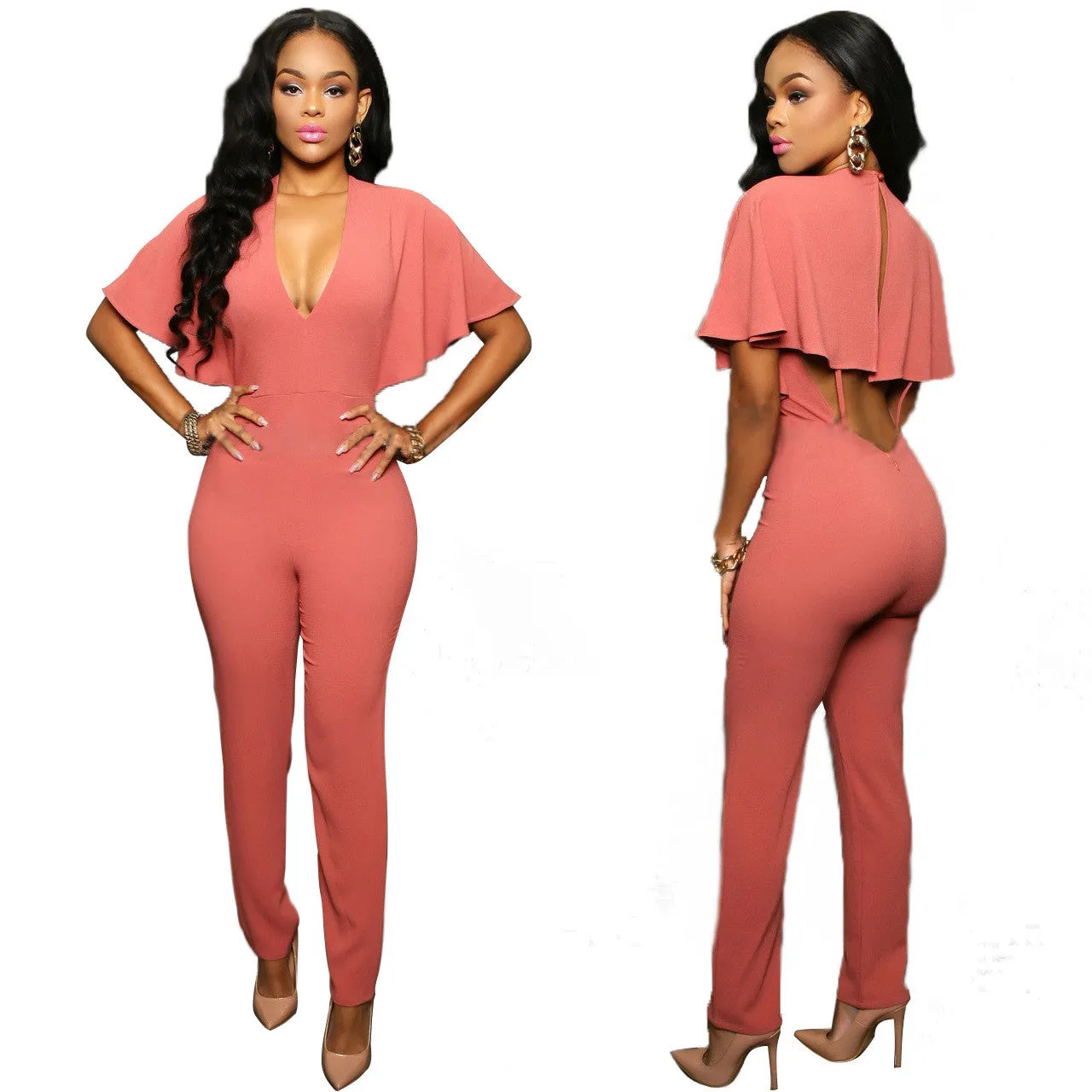 Deep V-neck Falbala Backless Long Slim Jumpsuit