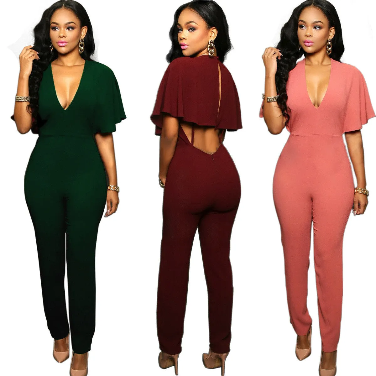 Deep V-neck Falbala Backless Long Slim Jumpsuit