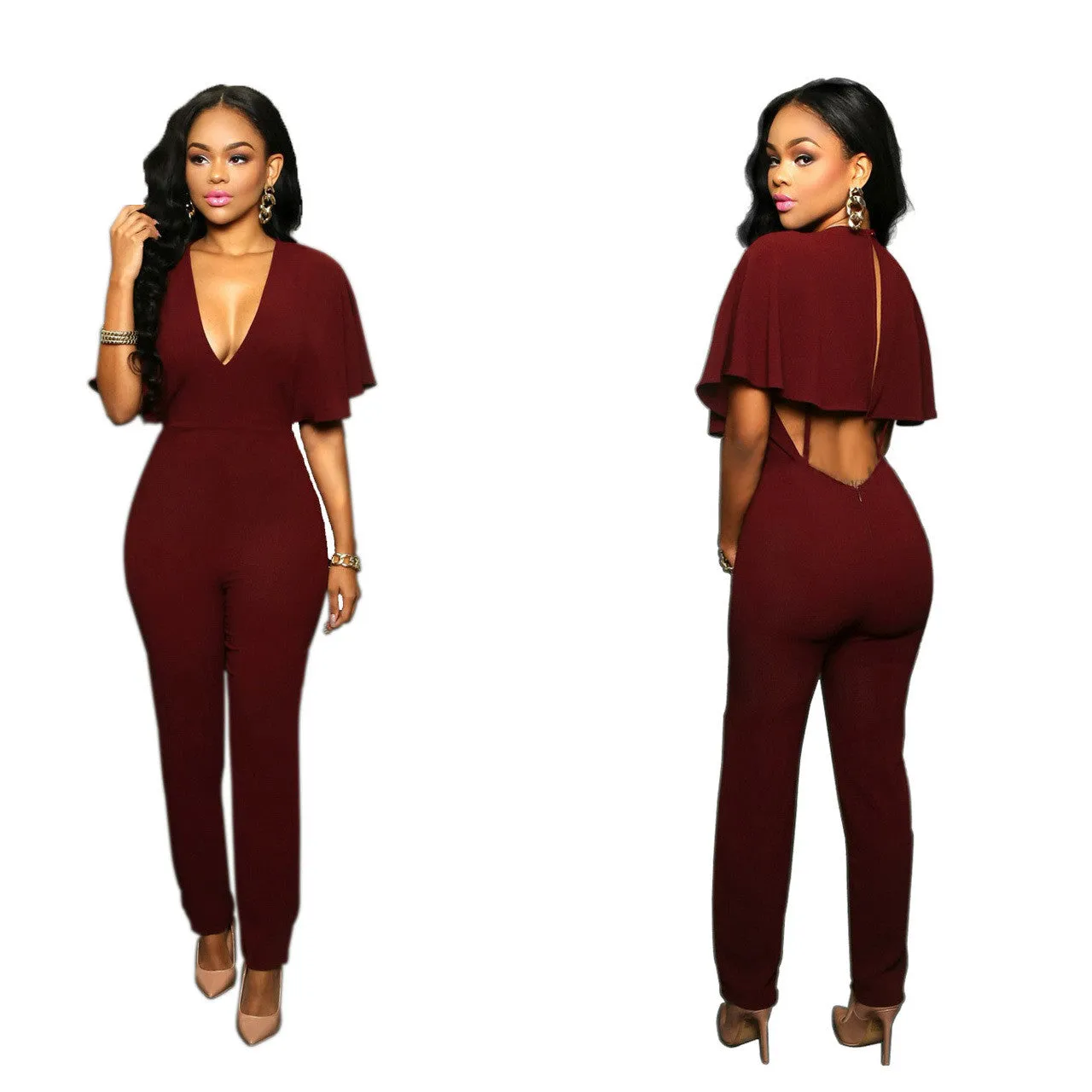 Deep V-neck Falbala Backless Long Slim Jumpsuit