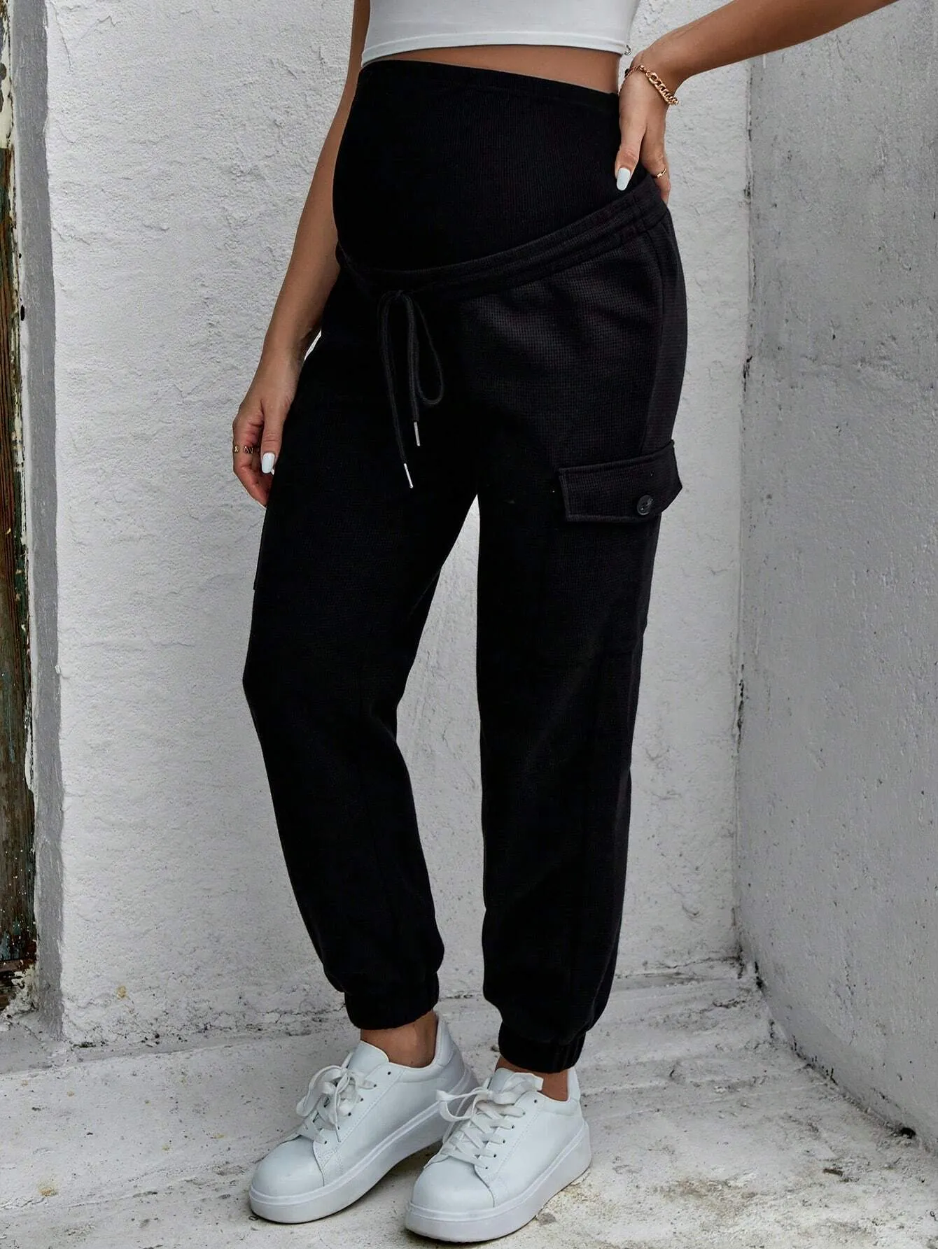 Drawstring Waist Flap Pocket Maternity Cargo Pants