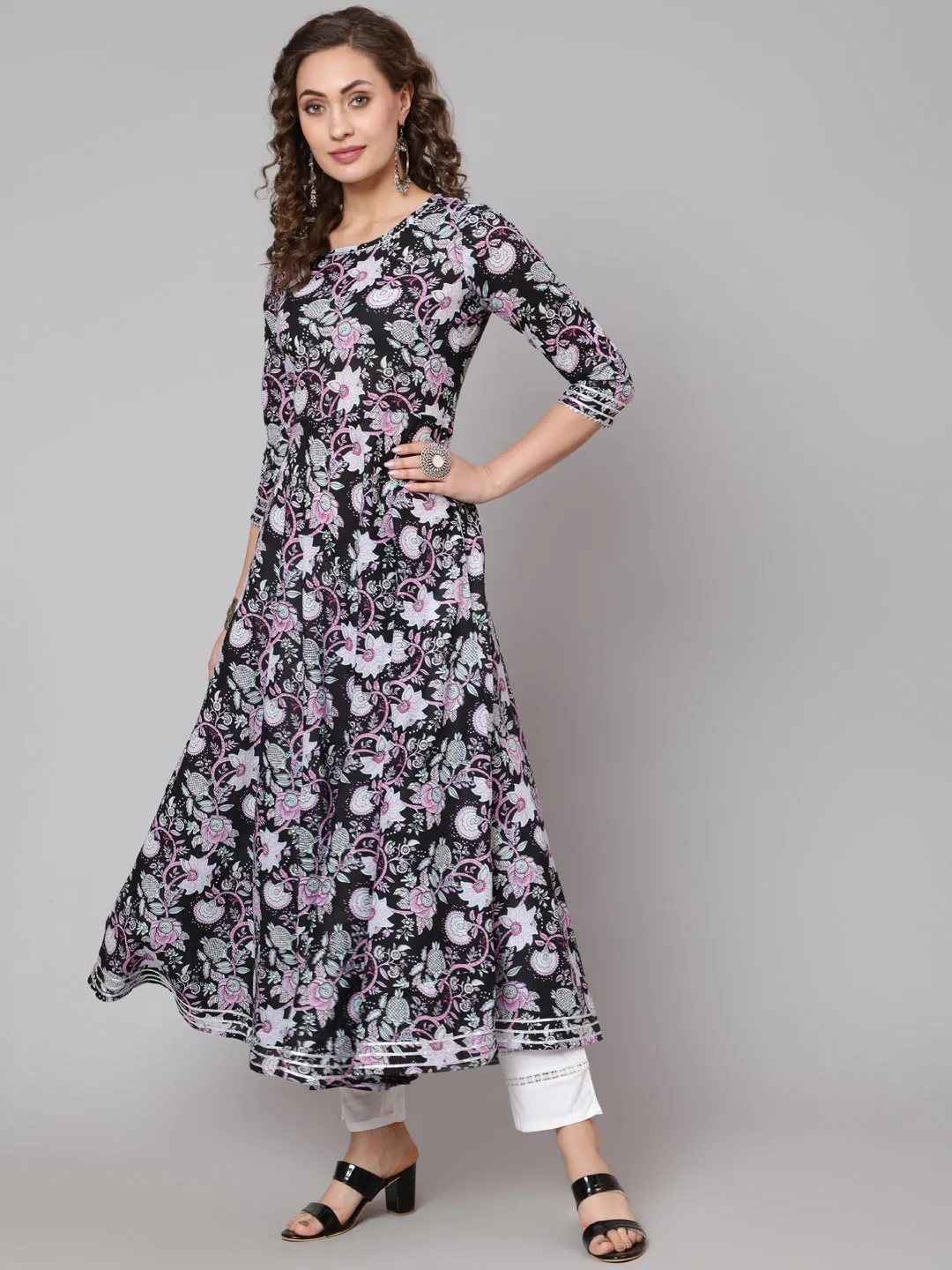 DRESS - BLACK, COTTON PRINTED ROUND NECK ANARKALI