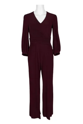 Elegant V-Neck Long Sleeve Ruched Jersey Jumpsuit with Back Zipper Closure