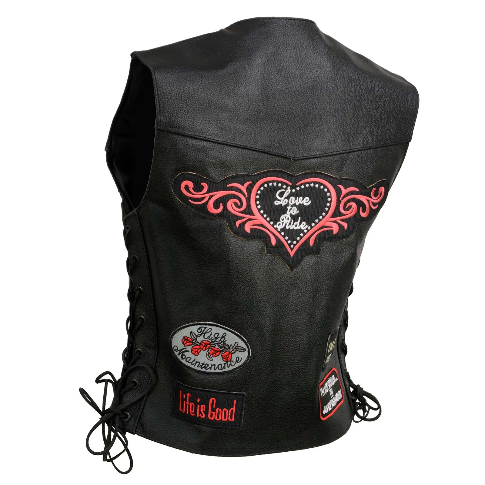 Event Leather ELL4900 Women’s 'Love to Ride' Black Leather Motorcycle Patched Embroidered Vests with Side Laces