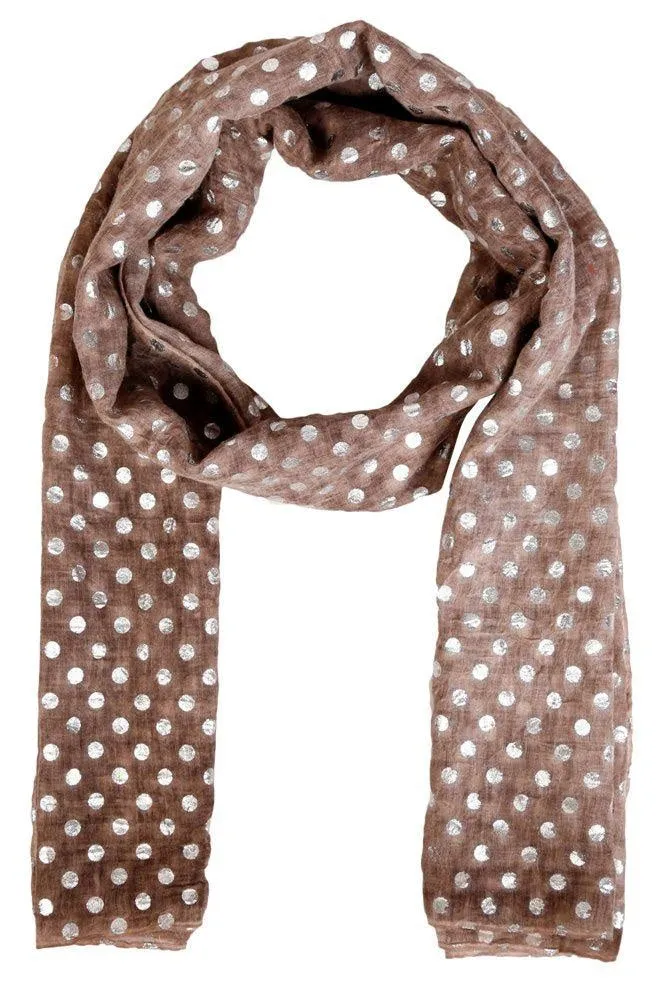 FabSeasons Casual Brown Cotton Solid Scarf with Printed Silver Polka Dots