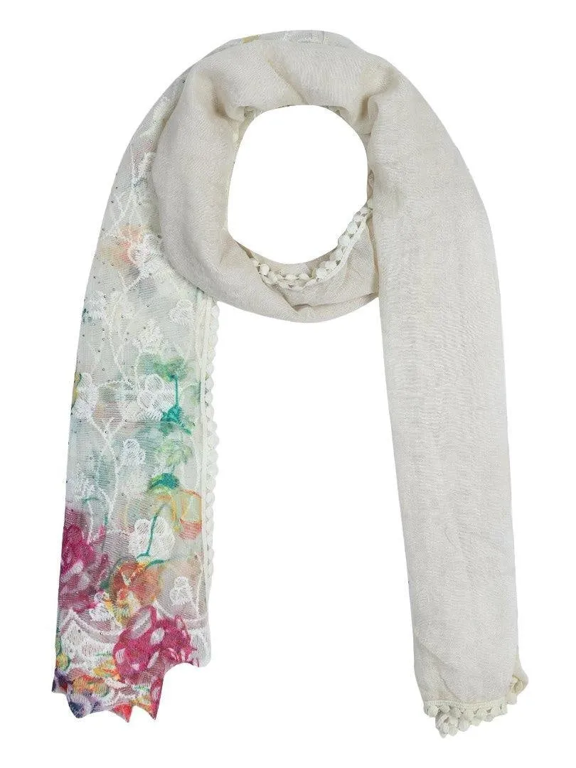 FabSeasons Cream Cotton Stylish Scarf with Floral Embroidery for Women