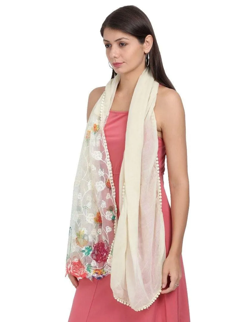 FabSeasons Cream Cotton Stylish Scarf with Floral Embroidery for Women