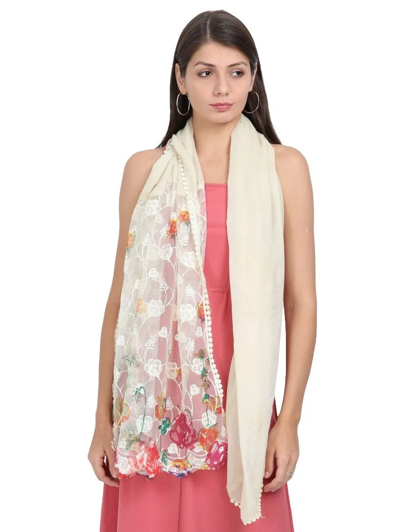 FabSeasons Cream Cotton Stylish Scarf with Floral Embroidery for Women