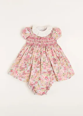 Florence Floral Handsmocked Short Sleeve Dress with Bloomer in Pink (6mths-3yrs)