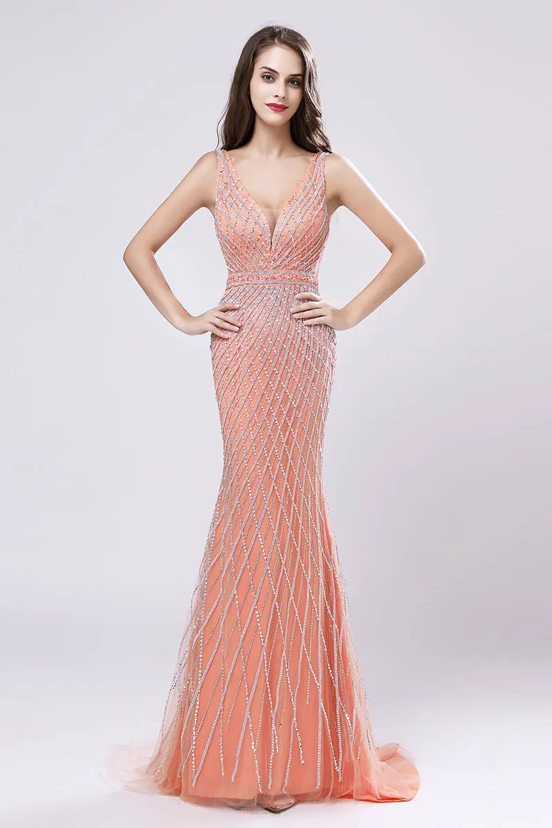 Formal V-neck Mermaid Beaded Long Evening Dress