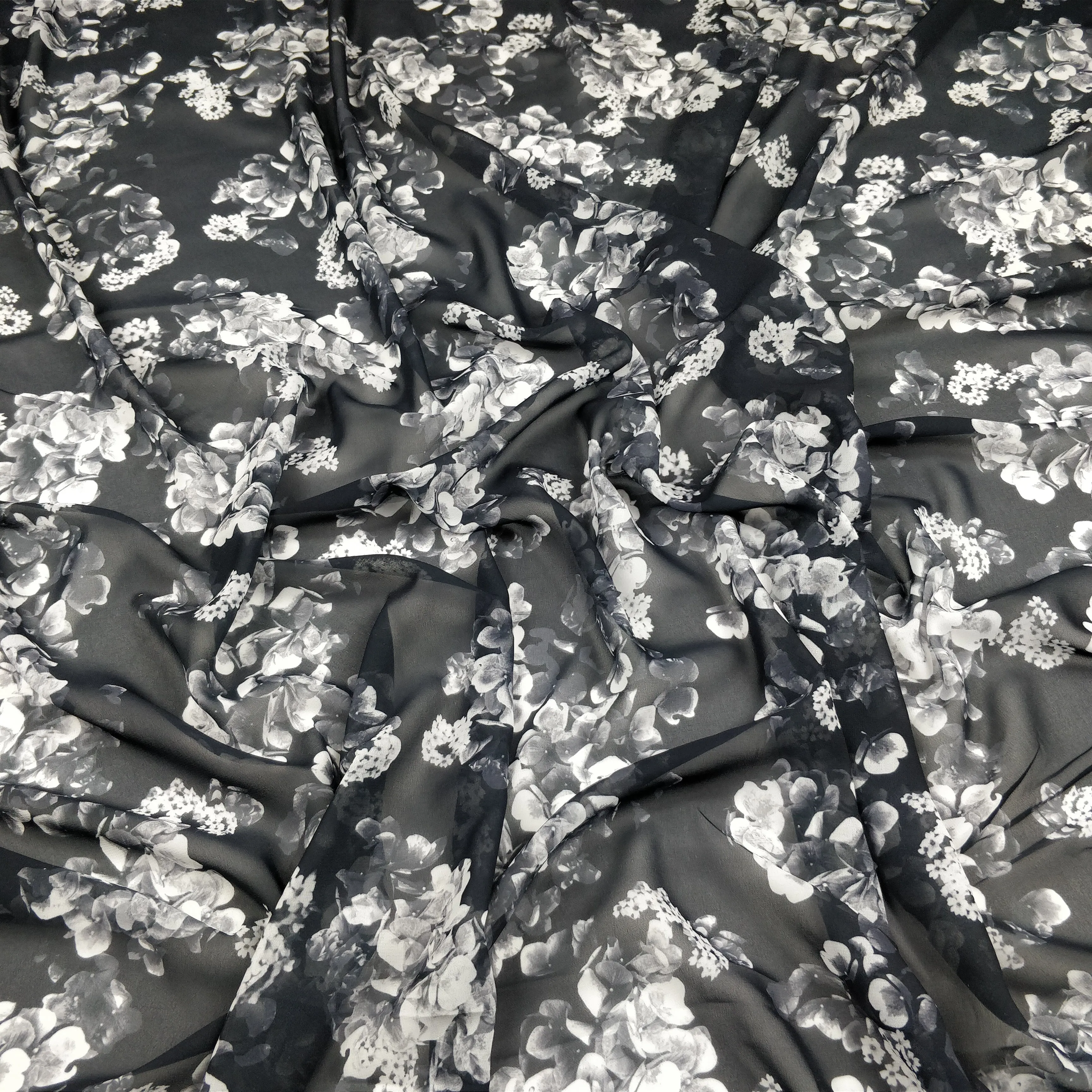 FS038 Black/Grey Floral Print Woven Chiffon Fabric