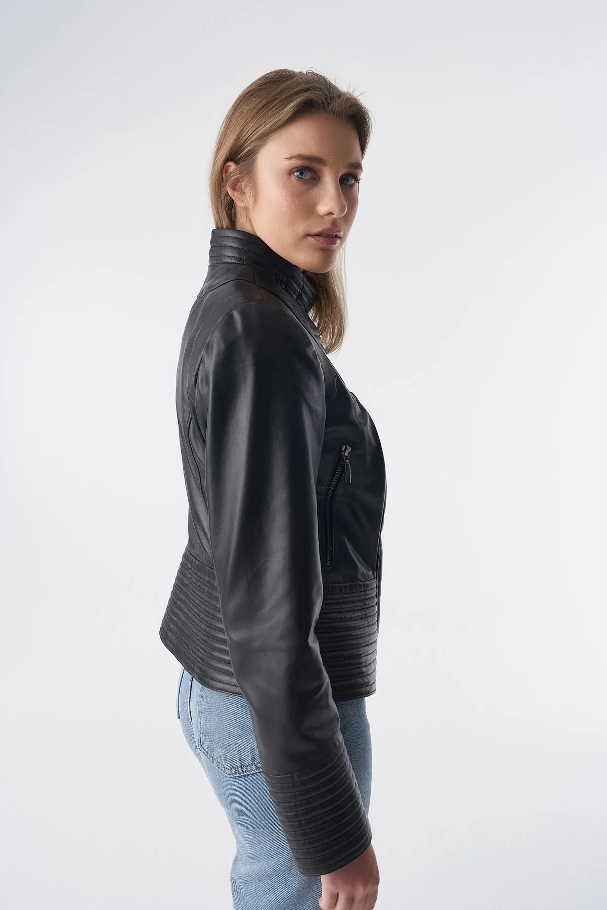 Genuine Leather Riser Biker Jacket, Black