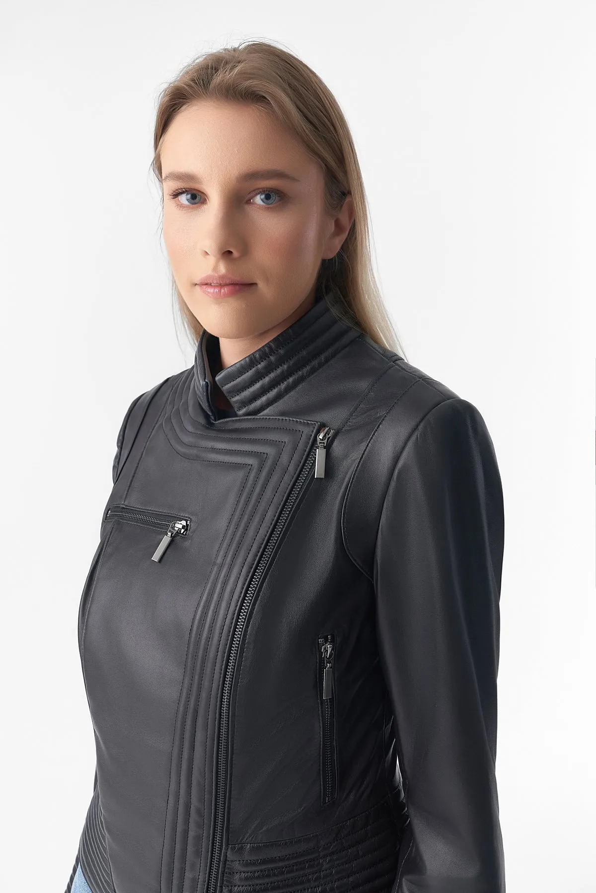 Genuine Leather Riser Biker Jacket, Black