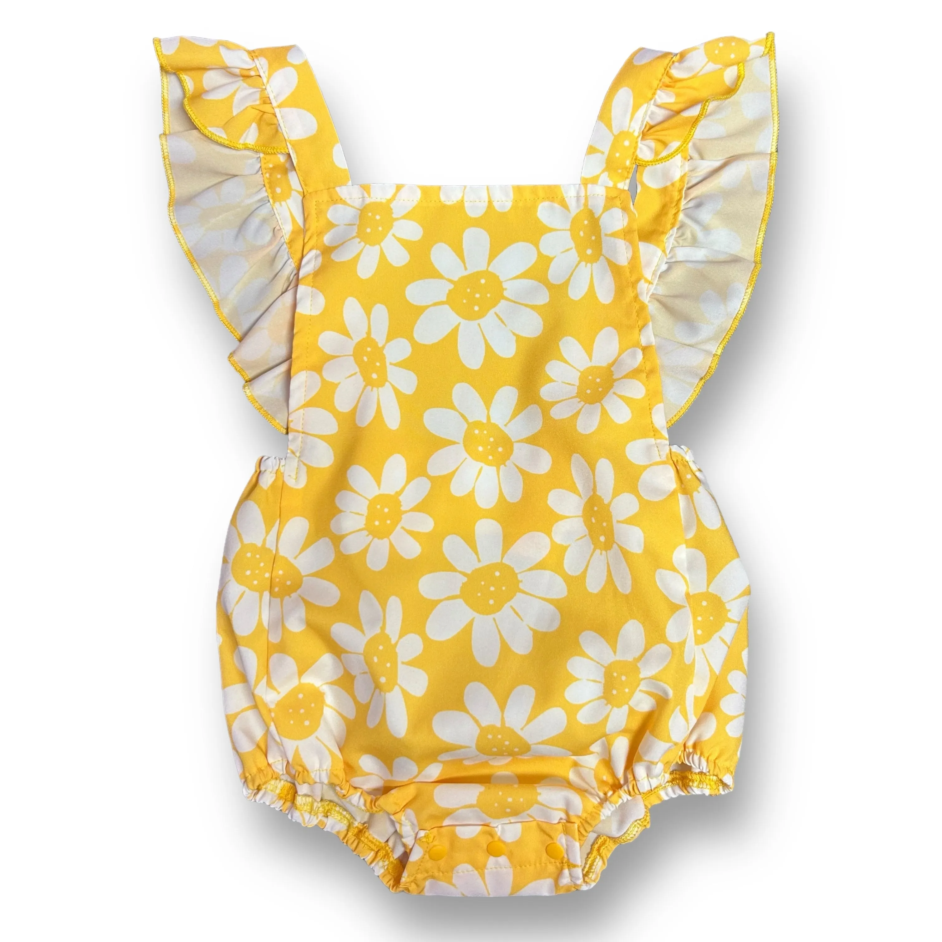 Girls Size 18-24 Months Yellow Daisies Silky Ruffle Romper