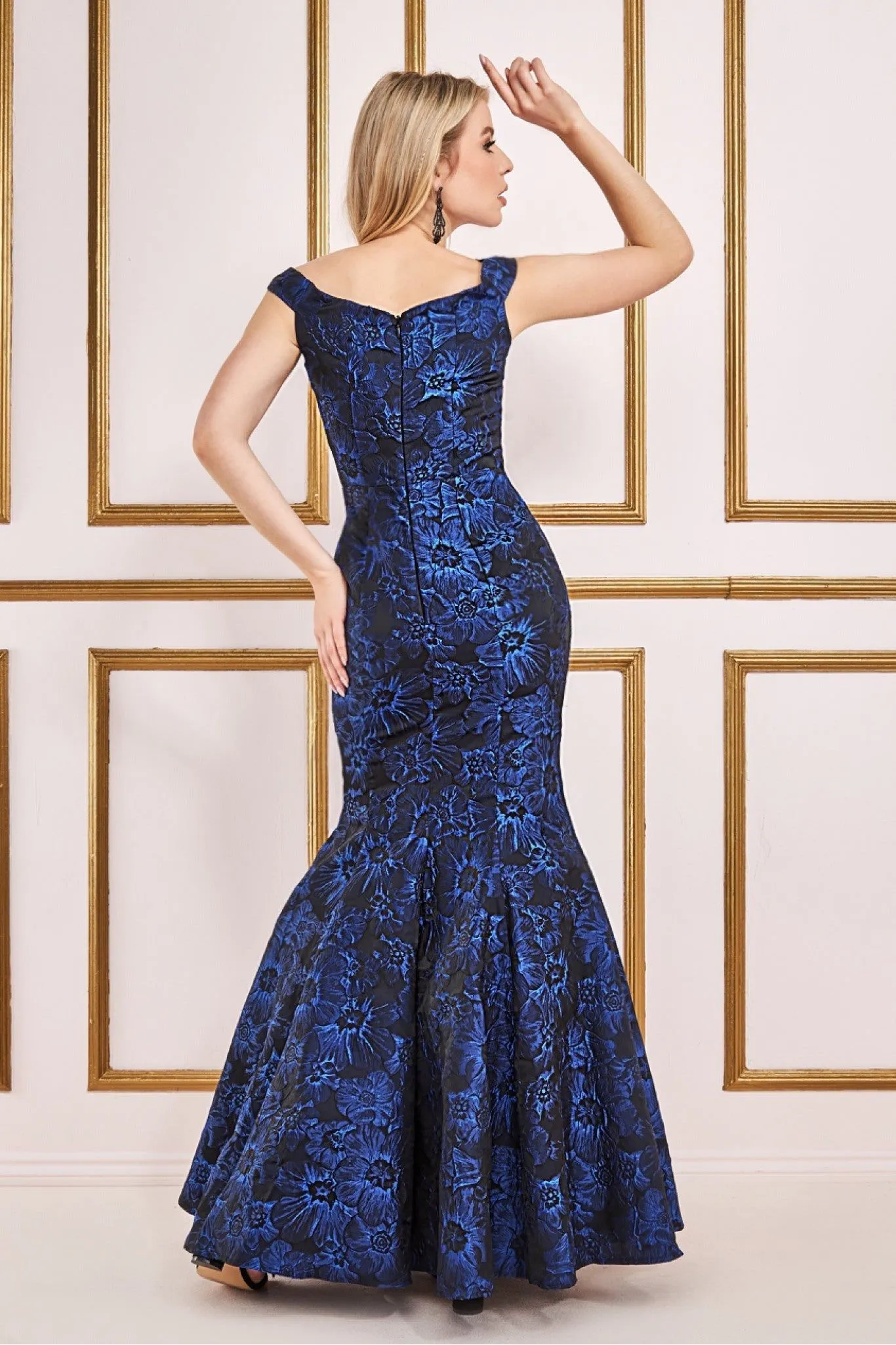 Goddiva Bardot Jacquard Maxi Dress - Royal Blue