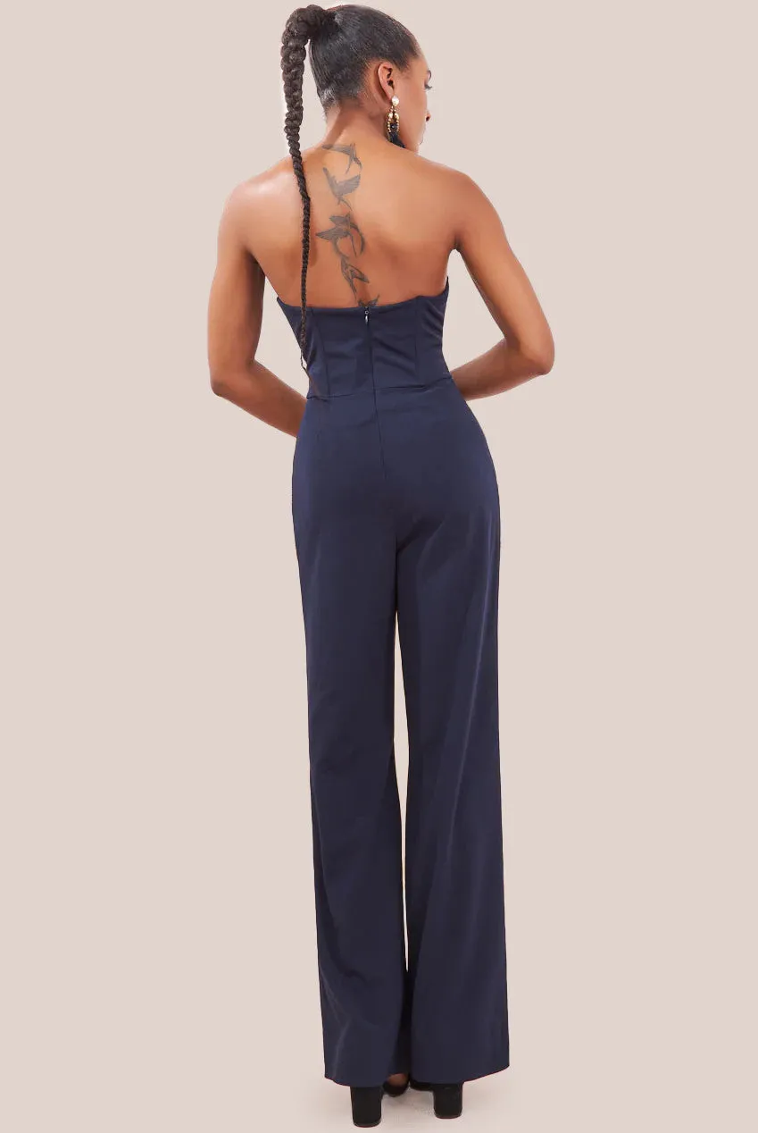 Goddiva Satin Collar Scuba Jumpsuit - Navy