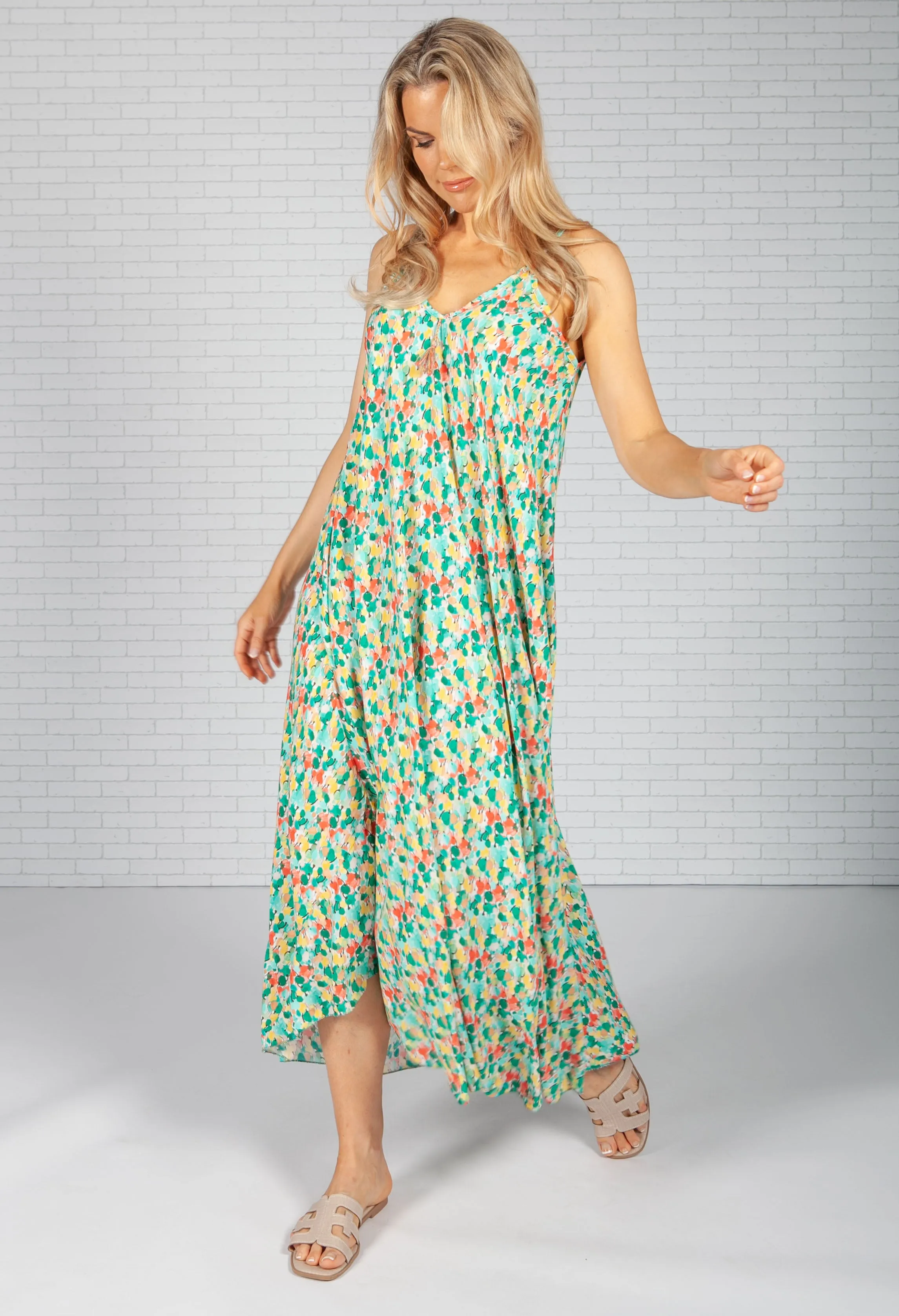 Green Olive Print Maxi Dress