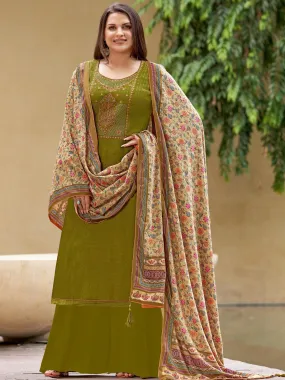 Green Woolen Pashmina Winter Unstitched suits for Ladies