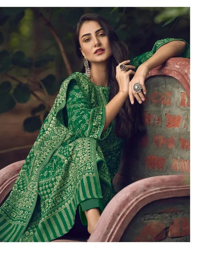 Handloom Weaving Green Pashmina Unstiched Winter Suit