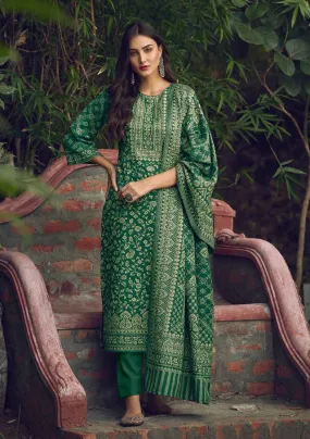 Handloom Weaving Green Pashmina Unstiched Winter Suit