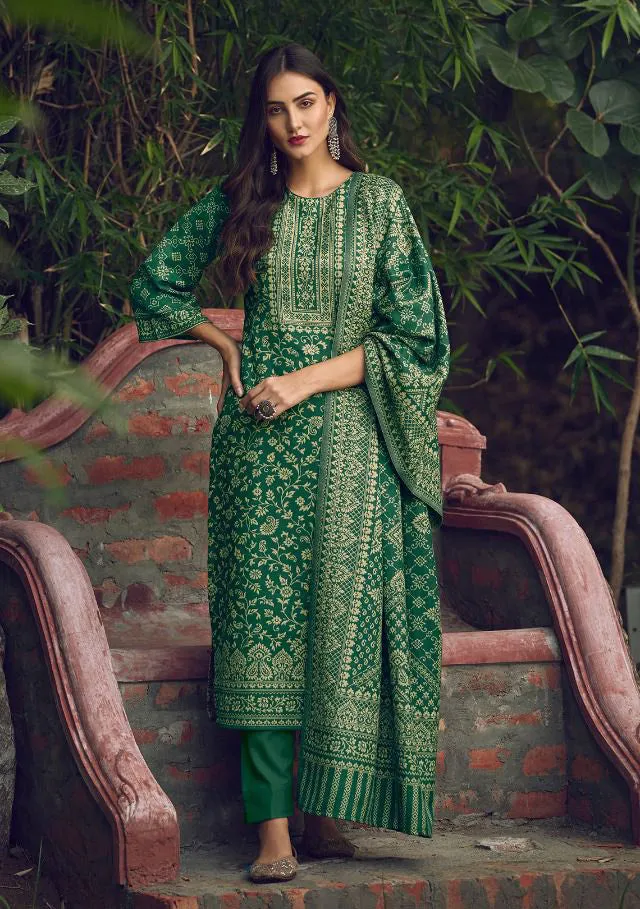 Handloom Weaving Green Pashmina Unstiched Winter Suit