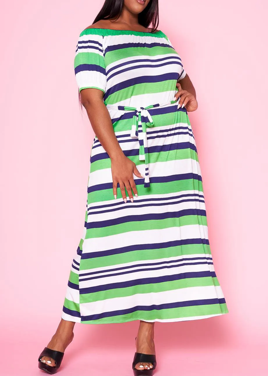 HI Curvy Plus Size Women Off Shoulder Multi Striped Flare Maxi Dress