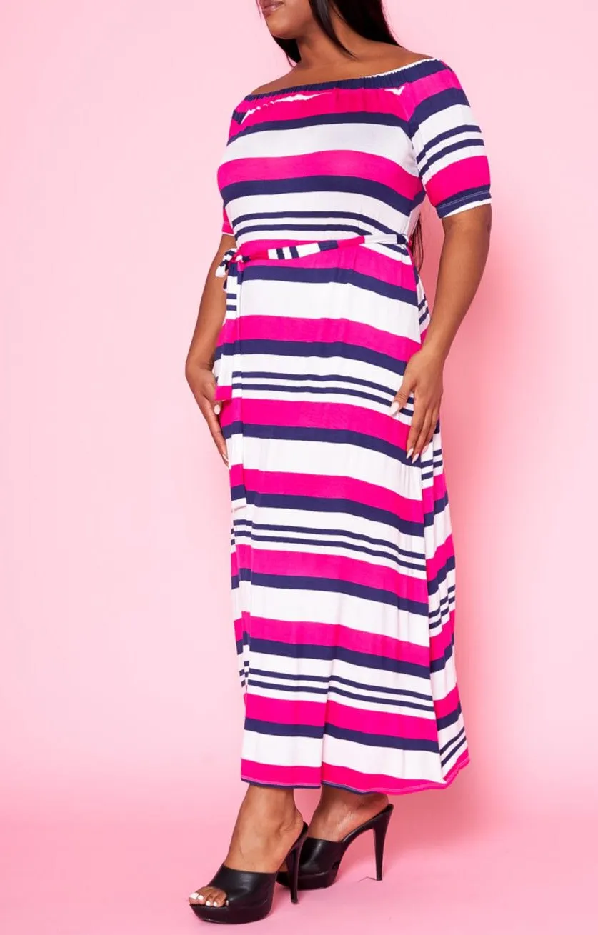 HI Curvy Plus Size Women Off Shoulder Multi Striped Flare Maxi Dress