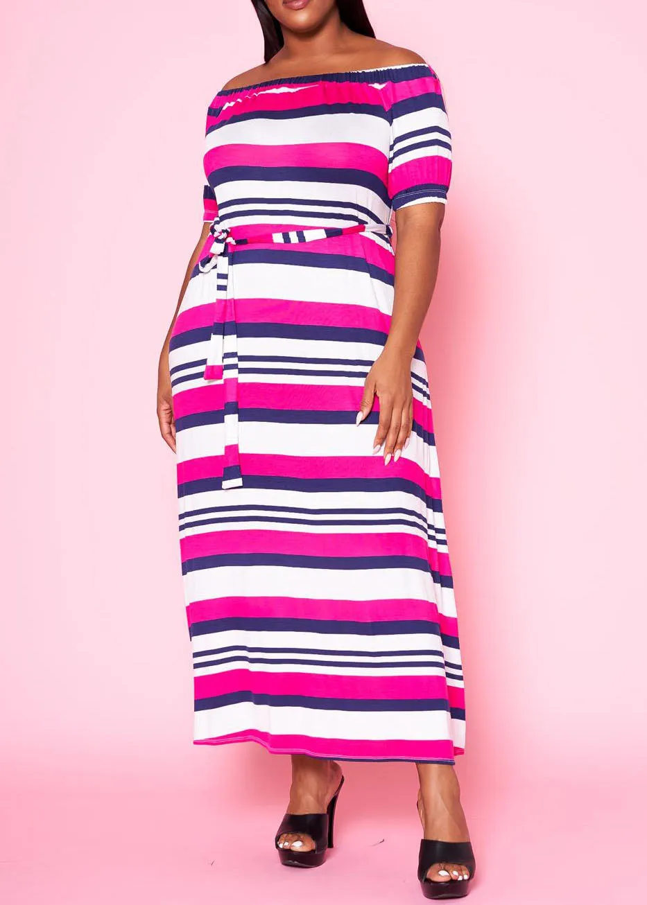 HI Curvy Plus Size Women Off Shoulder Multi Striped Flare Maxi Dress