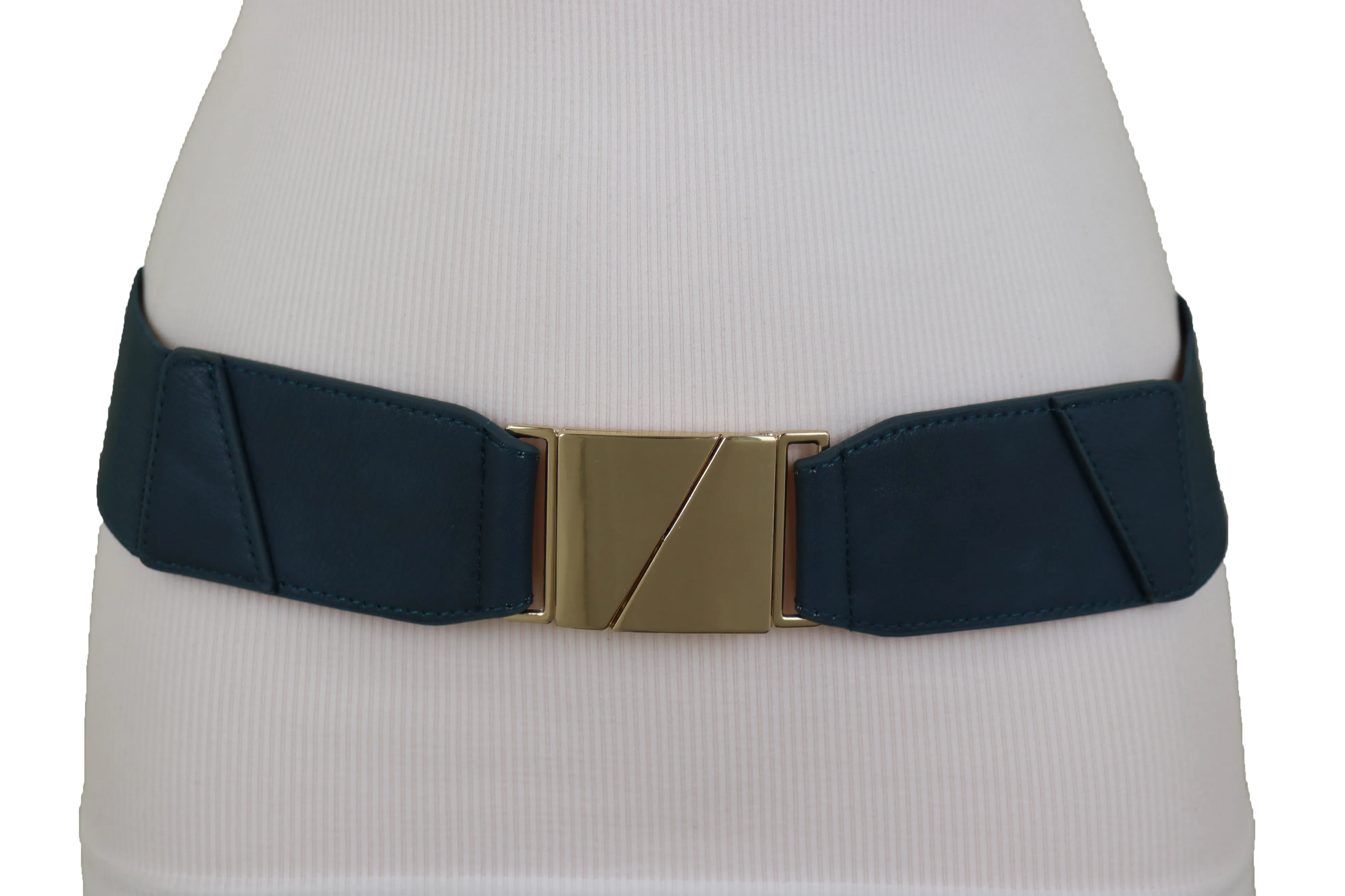 High Waist Hip Teal Blue Color Elastic Waistband Belt Gold Square Buckle S M L