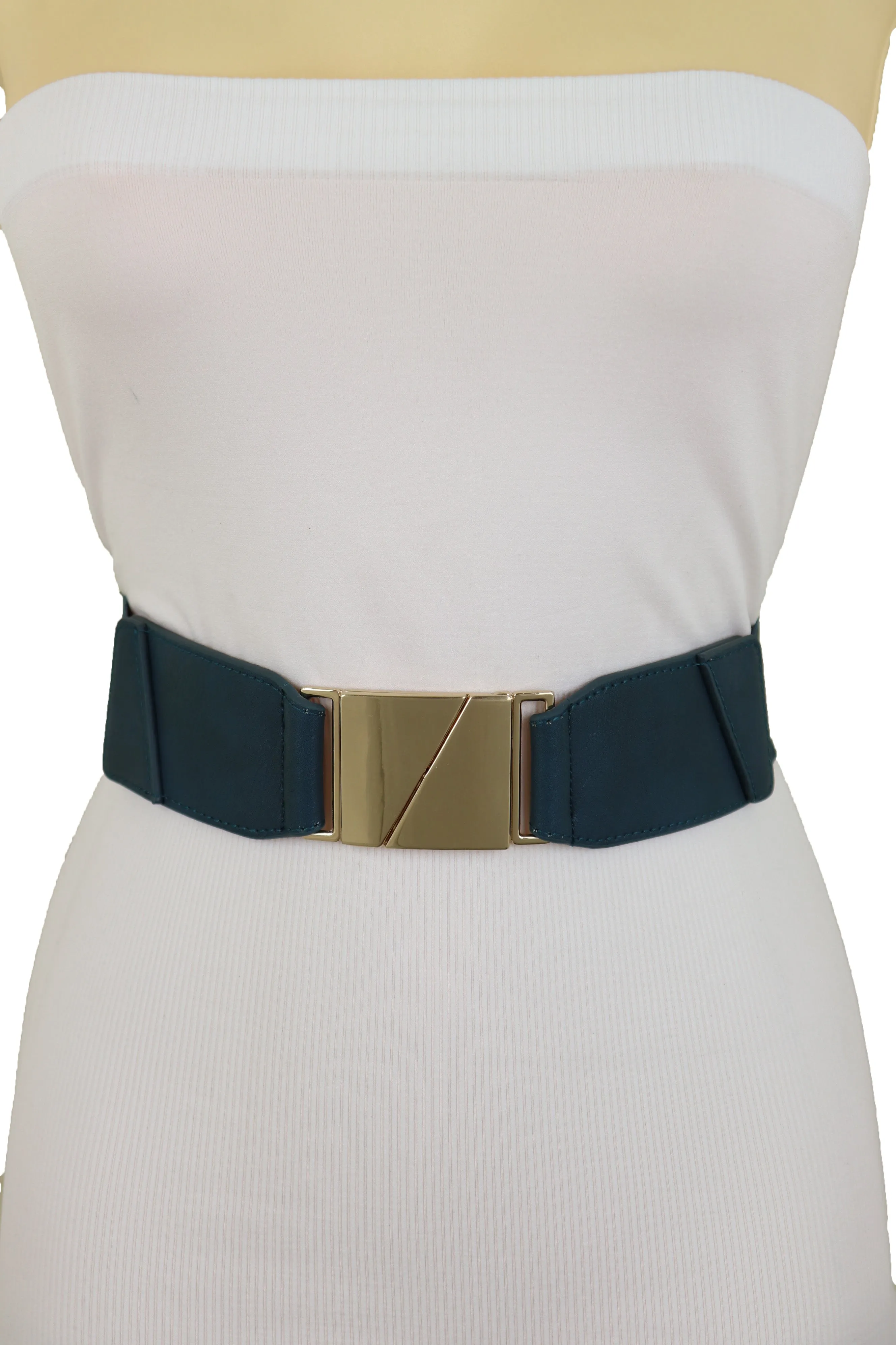 High Waist Hip Teal Blue Color Elastic Waistband Belt Gold Square Buckle S M L