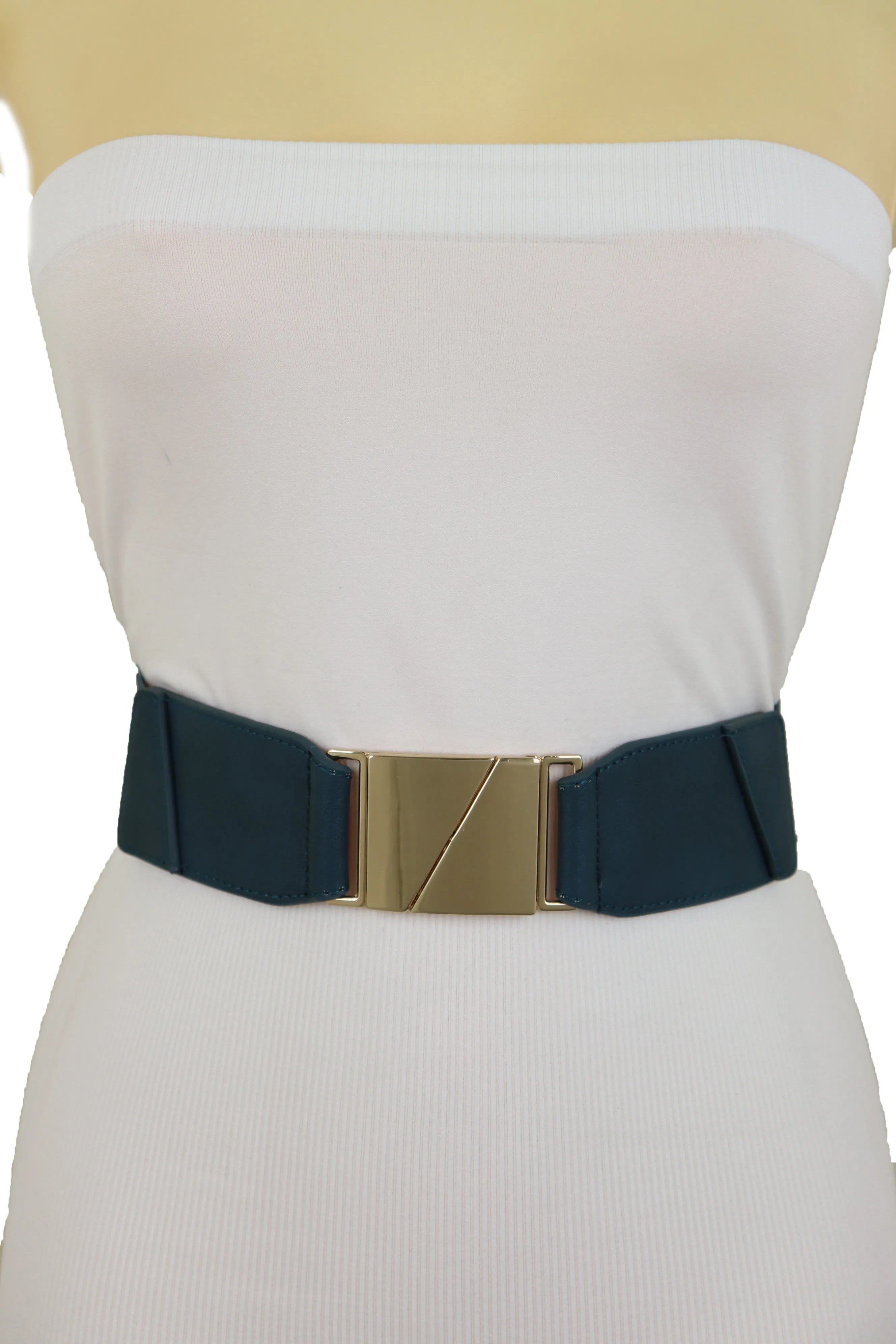 High Waist Hip Teal Blue Color Elastic Waistband Belt Gold Square Buckle S M L