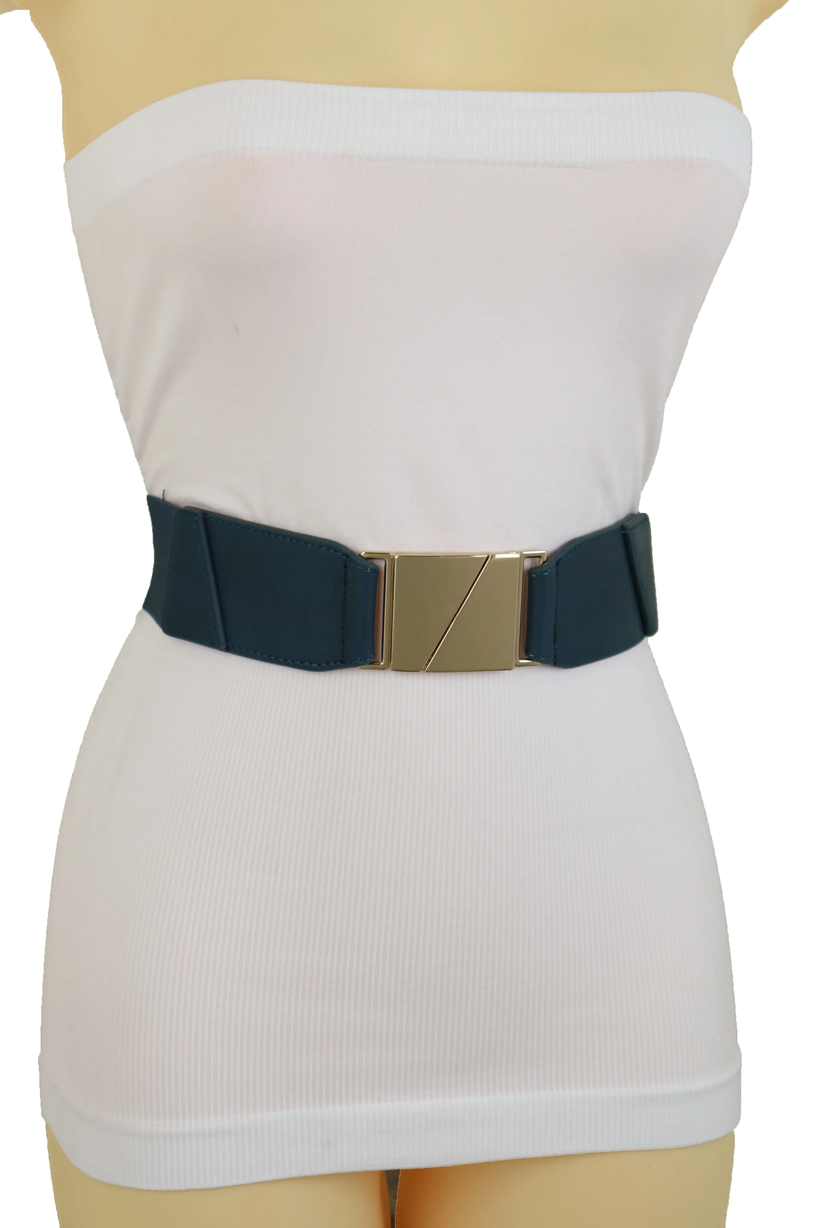 High Waist Hip Teal Blue Color Elastic Waistband Belt Gold Square Buckle S M L